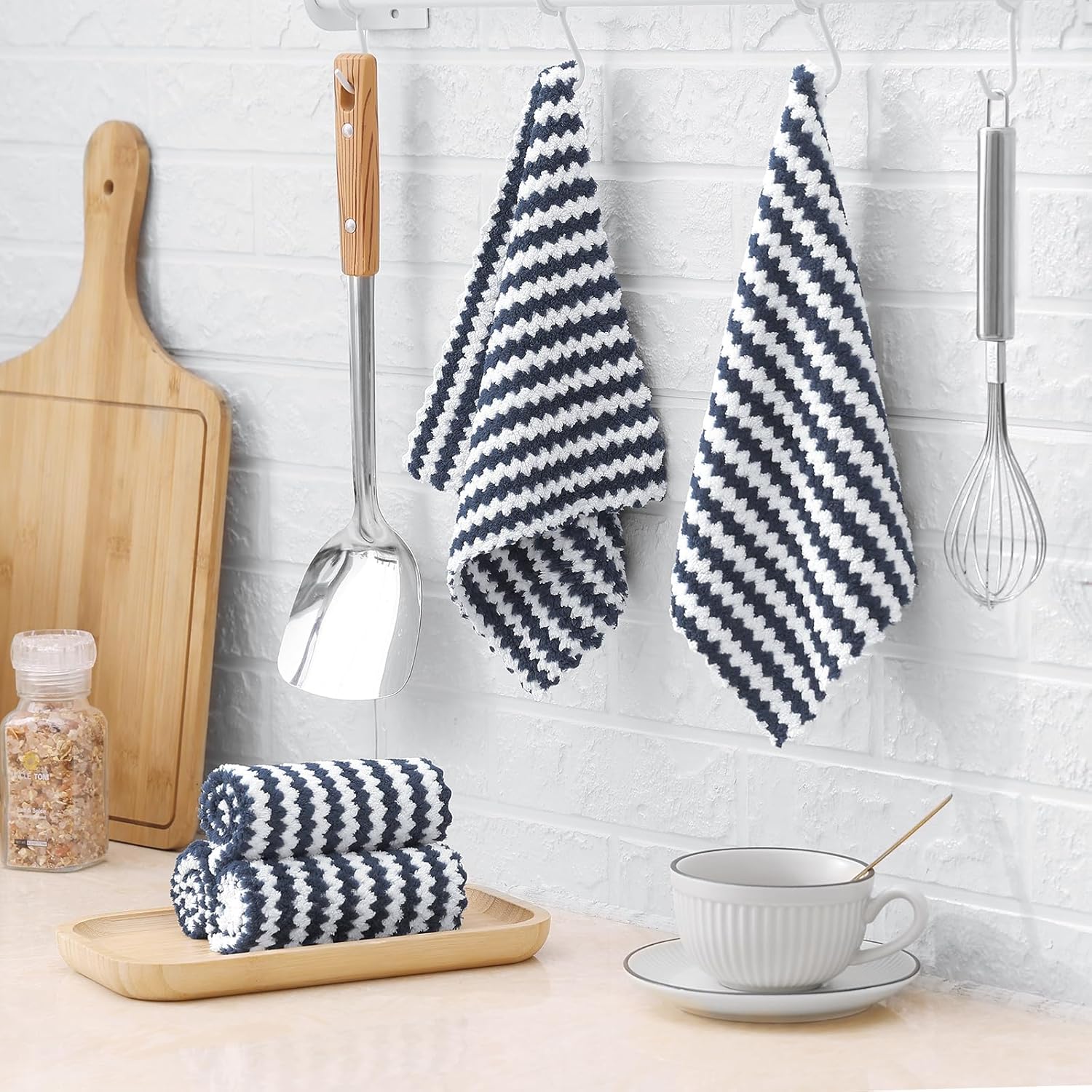 Homaxy 12 Pack Coral Velvet Wave Design Lint Free Kitchen Dish Cloths(10 x 10 inches) and Large Cotton Kitchen Hand Towels(18”x 28”, 6 Pack), Flat and Terry Dish Towels - Image 8