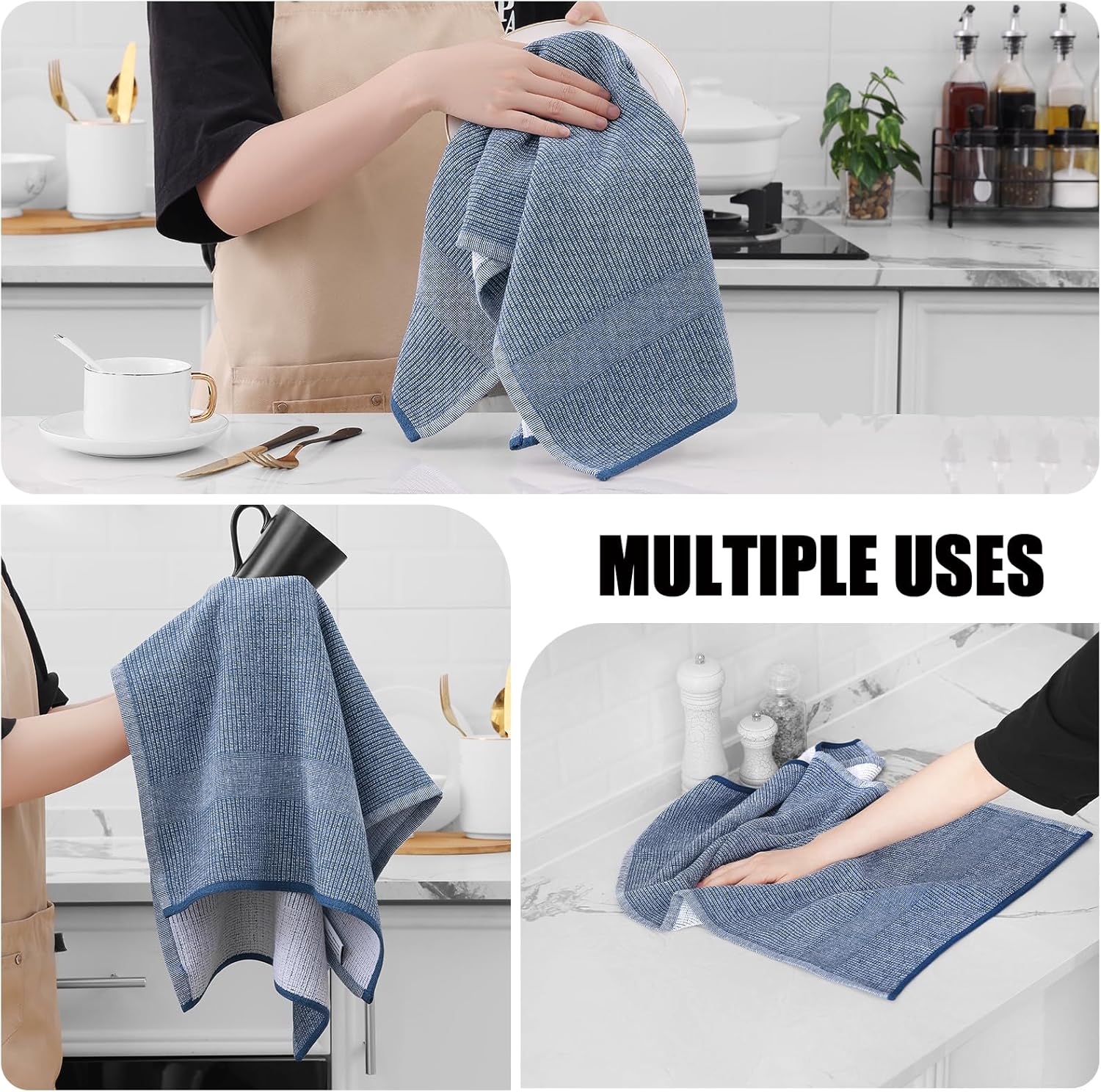Homaxy Set of 8 Bulk Cotton Terry Kitchen Towels Set, 12 x 12 and 13 x 28 Inches, Checkered Designed and Large Cotton Kitchen Hand Towels(18”x 28”, 6 Pack), Flat and Terry Dish Towels - Image 5