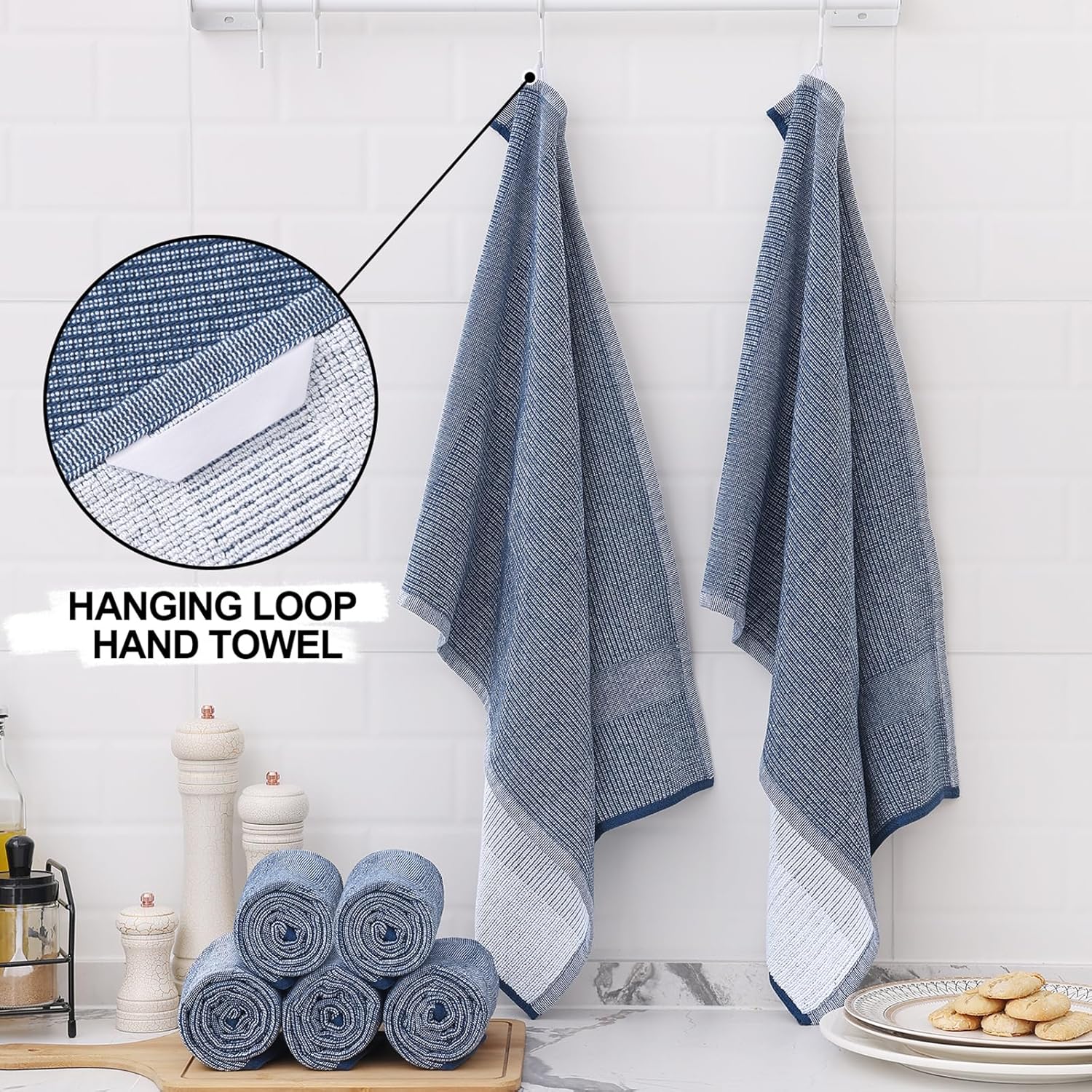Homaxy Set of 8 Bulk Cotton Terry Kitchen Towels Set, 12 x 12 and 13 x 28 Inches, Checkered Designed and Large Cotton Kitchen Hand Towels(18”x 28”, 6 Pack), Flat and Terry Dish Towels - Image 7