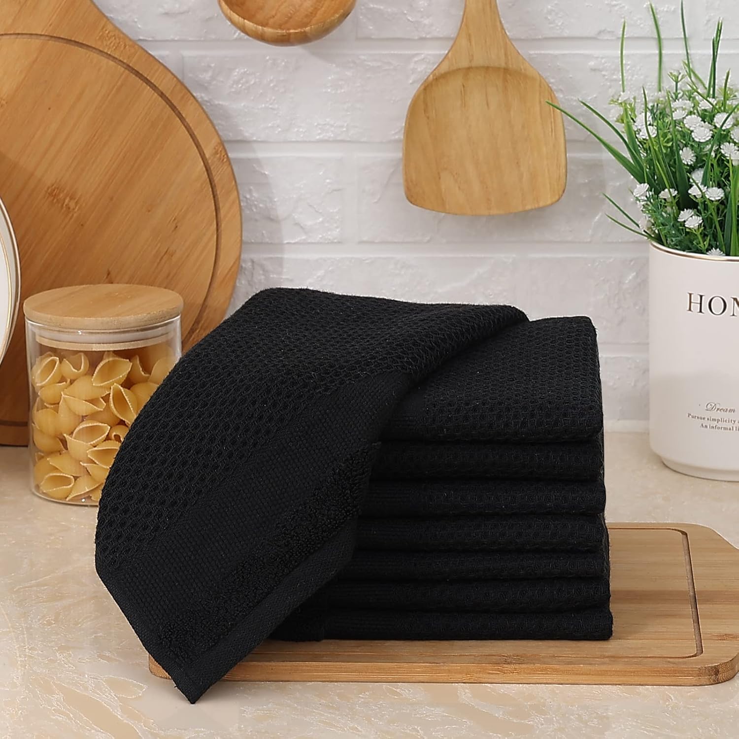 Homaxy 100% Cotton Dish Cloths, 8 Pack - 12 x 12 Inches, Black and Flat and Terry Dish Towels(18”x 28”, 6 Pack), Large Cotton Kitchen Hand Towels - Image 8
