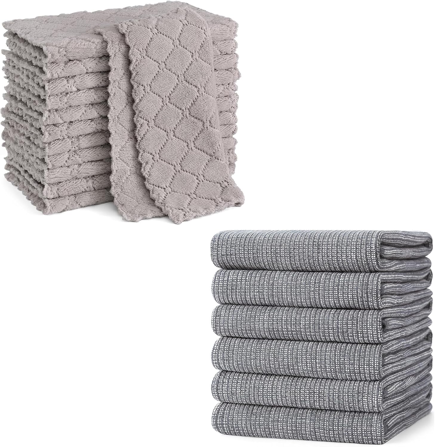 Homaxy 12 Pack Kitchen Dish Cloths (10 x 10 Inches, Grey) and Large Cotton Kitchen Hand Towels(18”x 28”, 6 Pack), Flat and Terry Dish Towels - Image 1