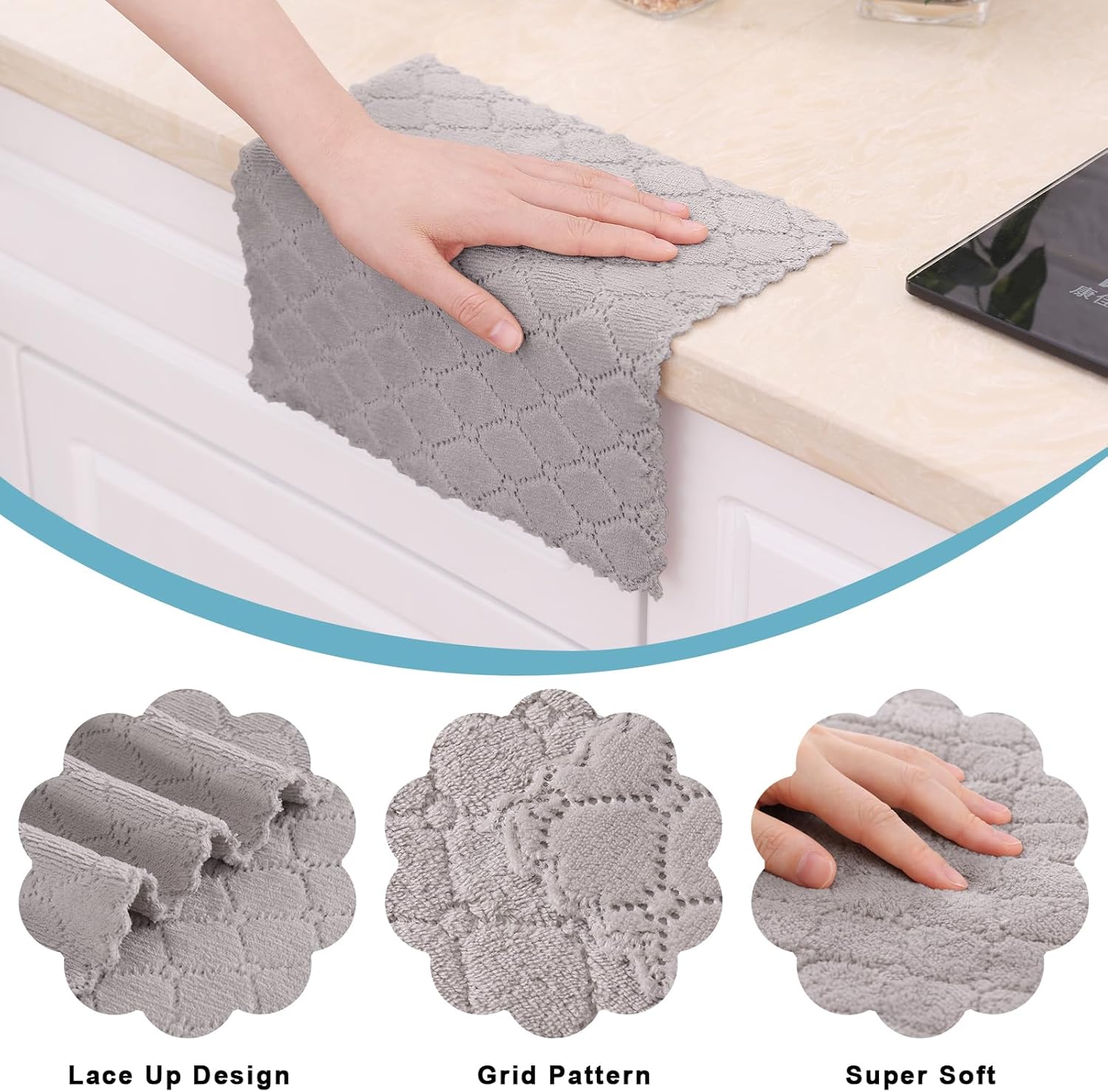 Homaxy 12 Pack Kitchen Dish Cloths (10 x 10 Inches, Grey) and Large Cotton Kitchen Hand Towels(18”x 28”, 6 Pack), Flat and Terry Dish Towels - Image 2