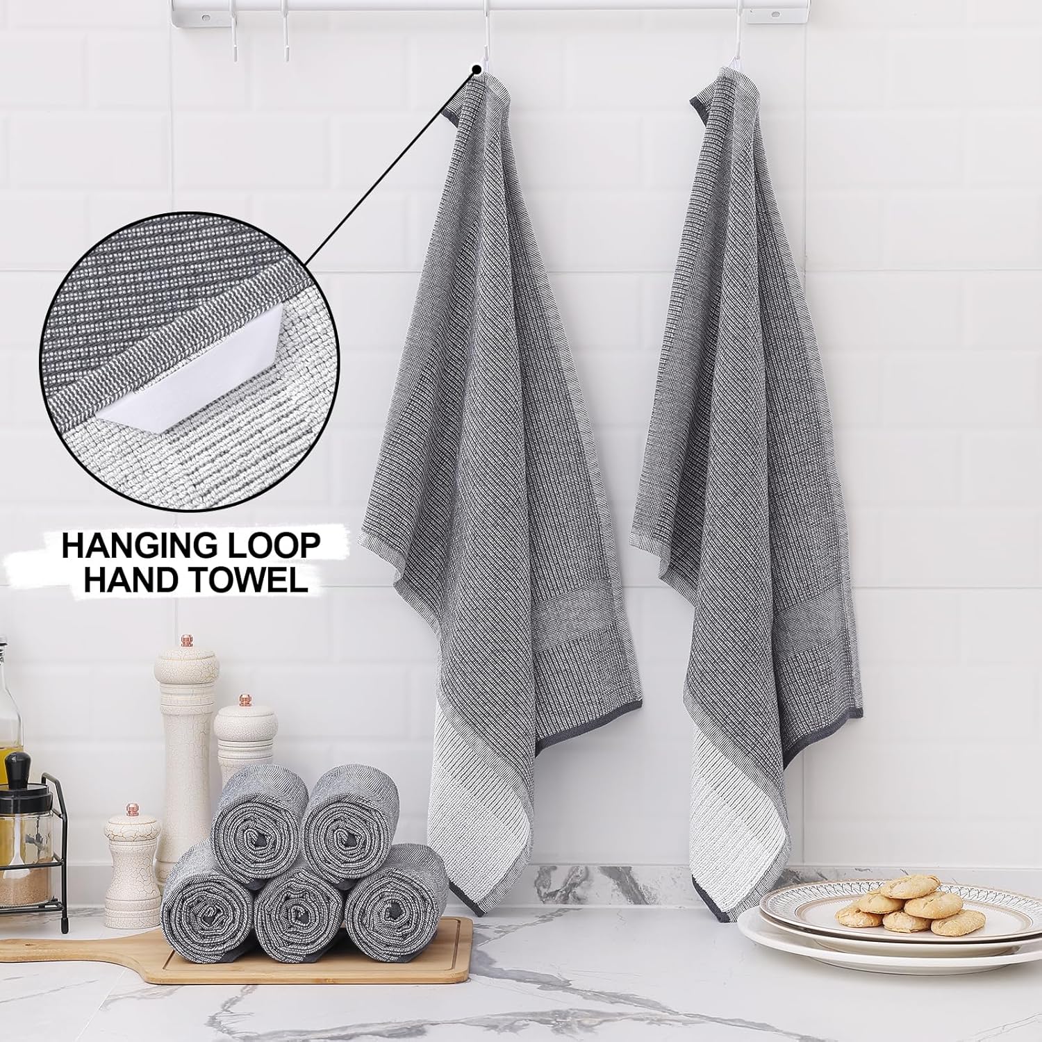 Homaxy Kitchen Towels and Dishcloths Set, 12 x 12 Inches and 18 x 28 Inches, Set of 12 Bulk Cotton Kitchen Towels Set, Ultra Soft Absorbent Dish Towels for Washing Dishes, Grey & White - Image 4