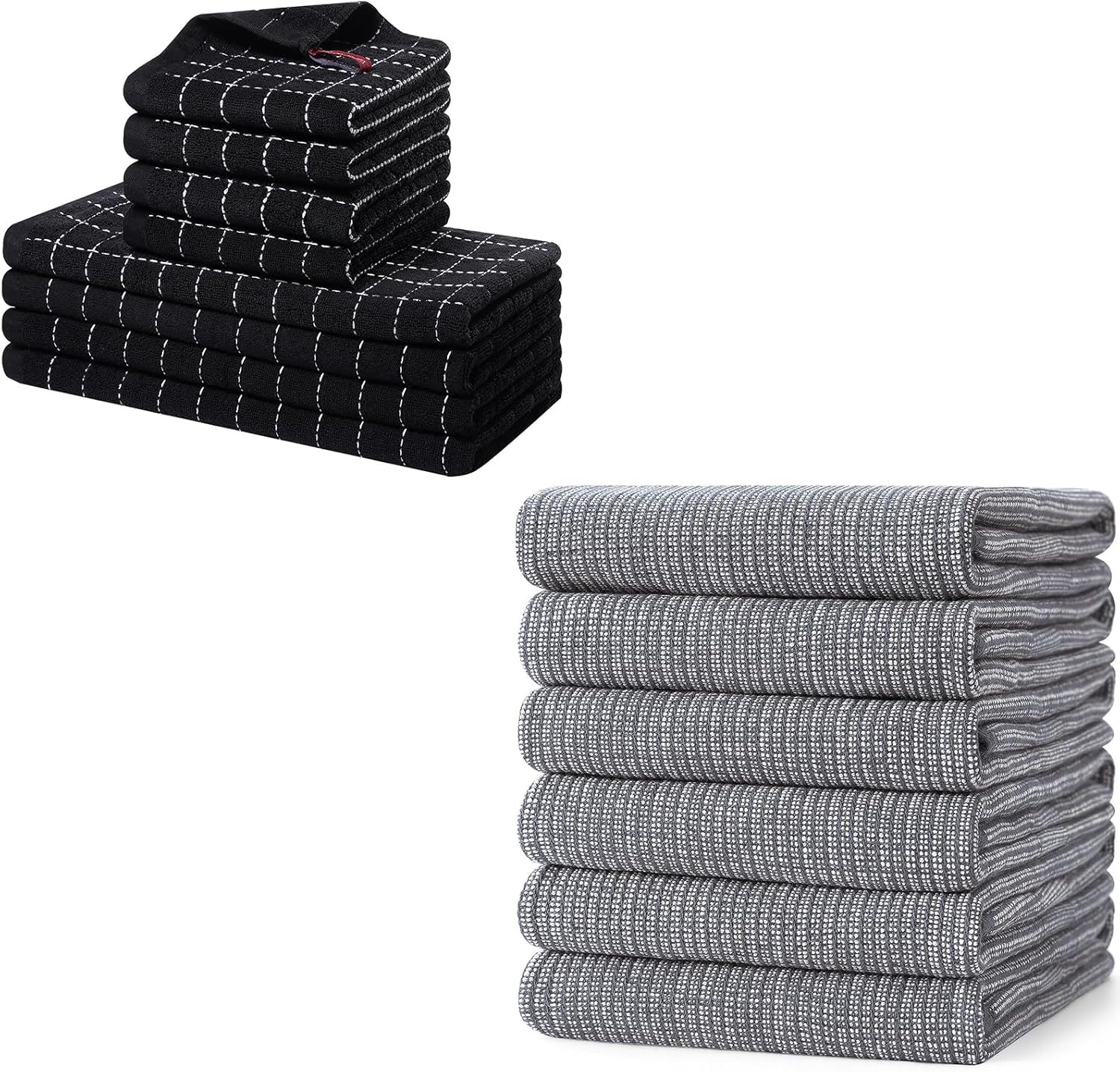 Homaxy Set of 8 Bulk Cotton Terry Kitchen Towels Set, 12 x 12 and 13 x 28 Inches, Checkered Designed and Large Cotton Kitchen Hand Towels(18”x 28”, 6 Pack), Flat and Terry Dish Towels - Image 1