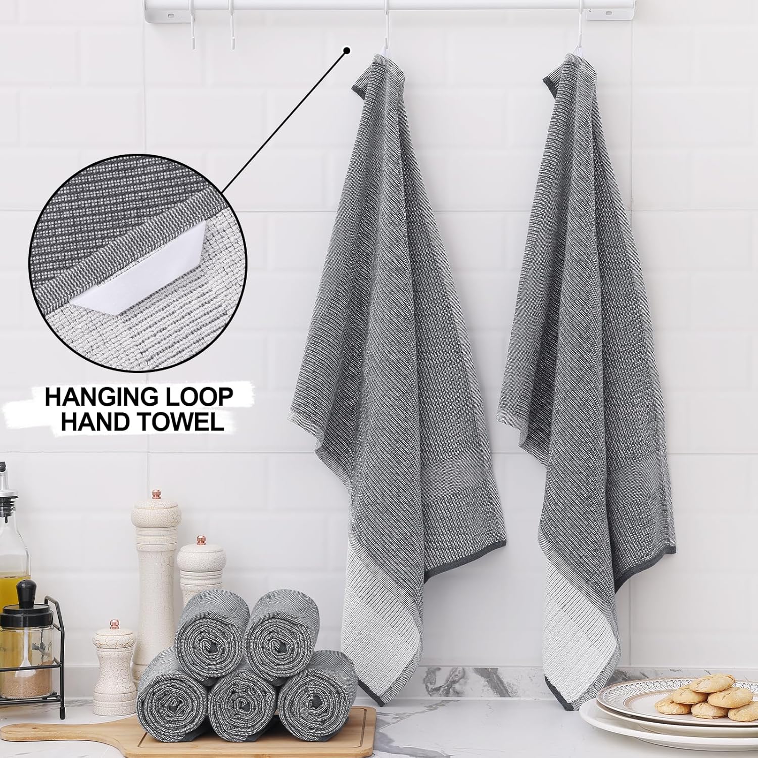 Homaxy Set of 8 Bulk Cotton Terry Kitchen Towels Set, 12 x 12 and 13 x 28 Inches, Checkered Designed and Large Cotton Kitchen Hand Towels(18”x 28”, 6 Pack), Flat and Terry Dish Towels - Image 7