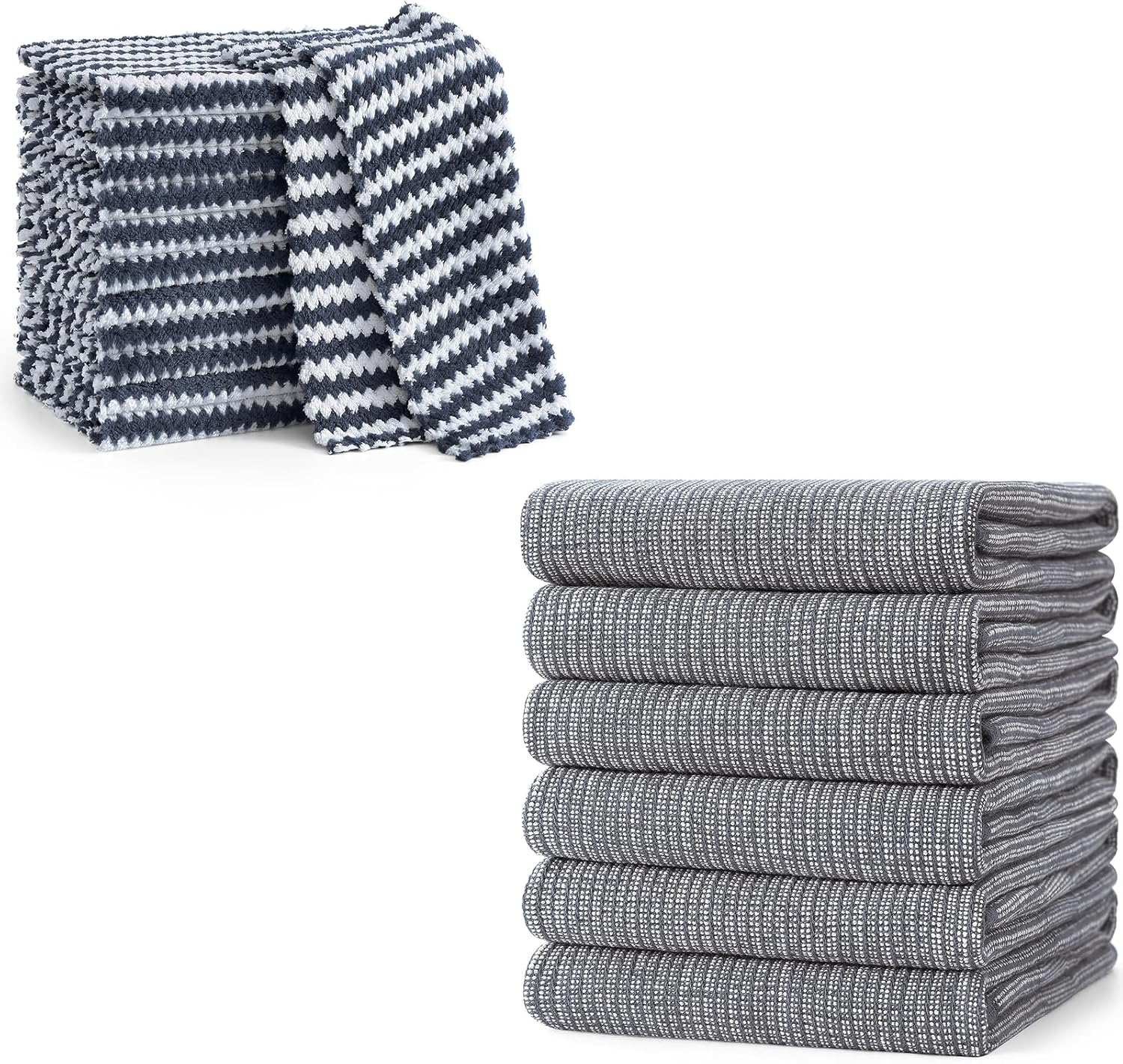 Homaxy 12 Pack Coral Velvet Wave Design Lint Free Kitchen Dish Cloths(10 x 10 inches) and Large Cotton Kitchen Hand Towels(18”x 28”, 6 Pack), Flat and Terry Dish Towels - Image 1