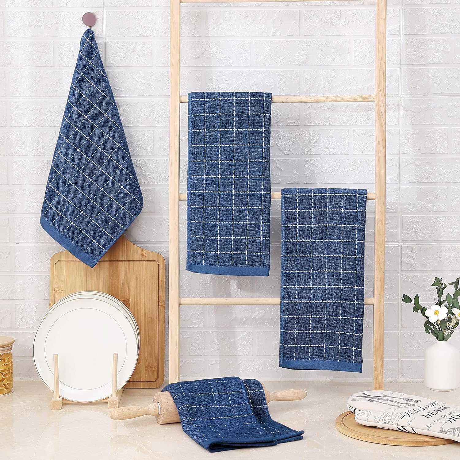 Homaxy Kitchen Towels Set, 13 x 28 inches and 12 x 12 Inches, Set of 10 Bulk Cotton Kitchen Towels Set, Ultra Soft Absorbent Dish Towels for Washing Dishes, Navy Blue - Image 8
