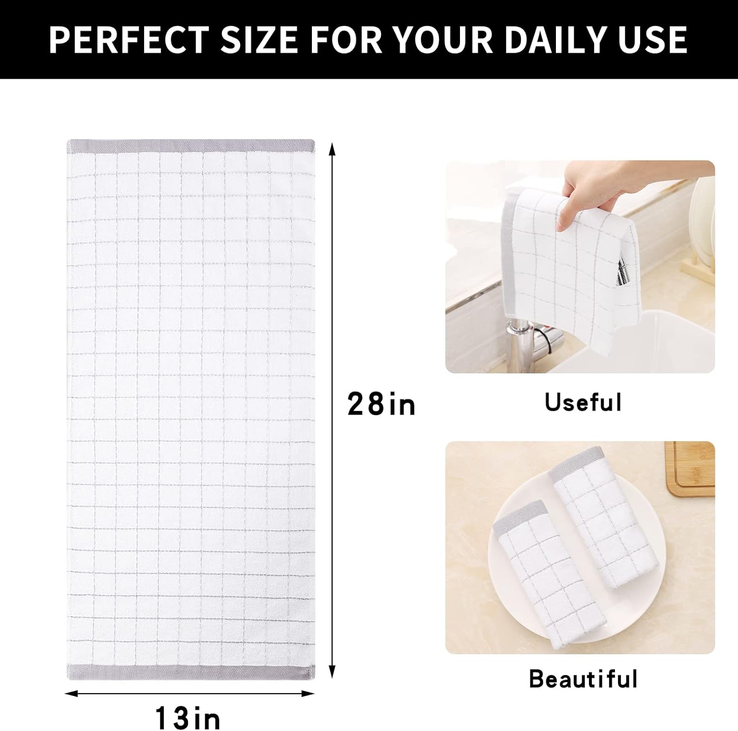 Homaxy Kitchen Towels and Dishcloths Set, 12 x 12 Inches and 13 x 28 inches, Set of 10 Bulk Cotton Kitchen Towels Set, Ultra Soft Absorbent Dish Towels for Washing Dishes, White & Dark Grey - Image 7