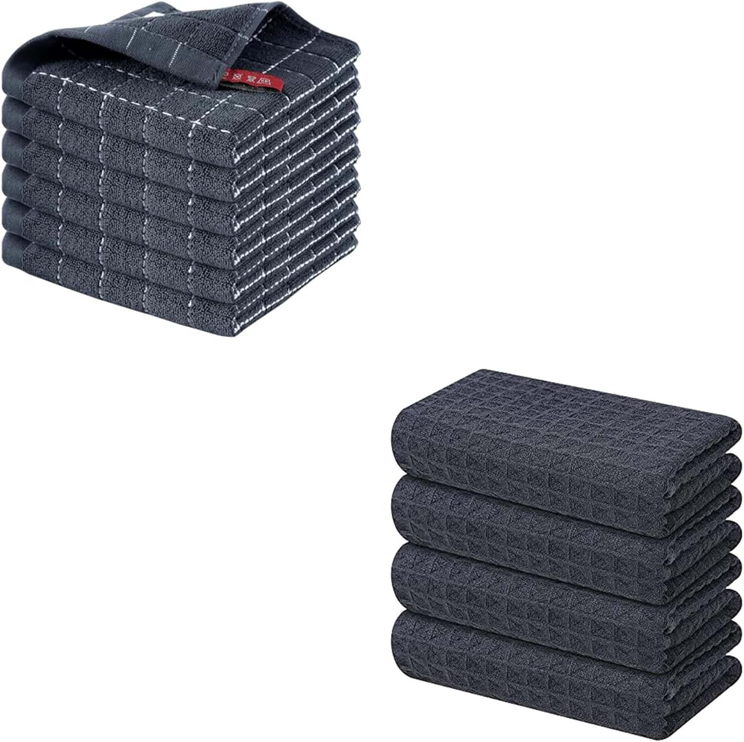 Homaxy Kitchen Towels and Dishcloths Set, 12 x 12 Inches and 16 x 28 Inches, Set of 10 Bulk Cotton Kitchen Towels Set, Ultra Soft Absorbent Dish Towels for Washing Dishes, Dark Grey - Image 1