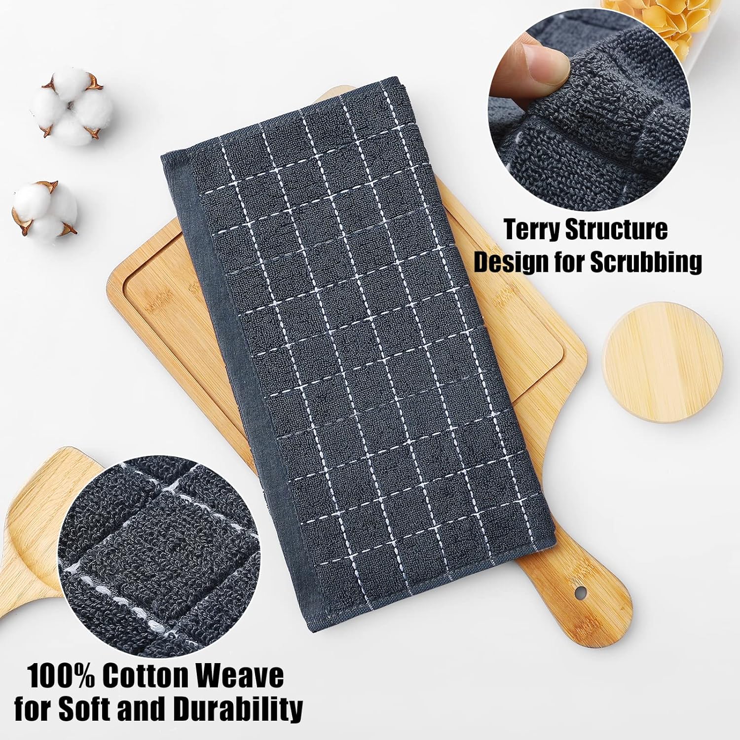 Homaxy Kitchen Towels and Dishcloths Set, 12 x 12 Inches and 16 x 28 Inches, Set of 10 Bulk Cotton Kitchen Towels Set, Ultra Soft Absorbent Dish Towels for Washing Dishes, Dark Grey - Image 2