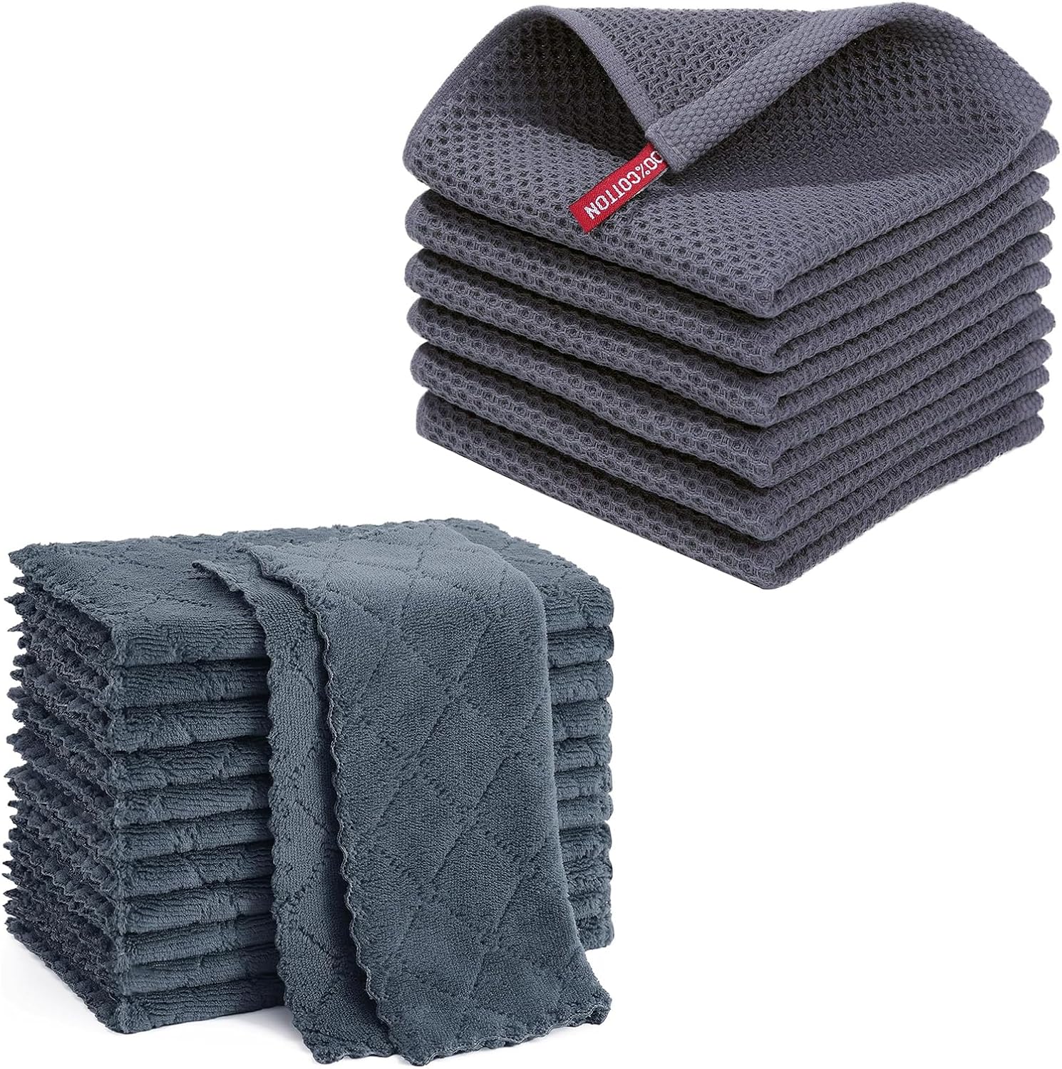 Homaxy 12 Pack Kitchen Coral Velvet Dish Cloths(10 x 10 Inches, Dark Grey) and 100% Cotton Waffle Weave Kitchen Dish Cloths 12x12 Inches 6-Pack Dark Grey - Image 1