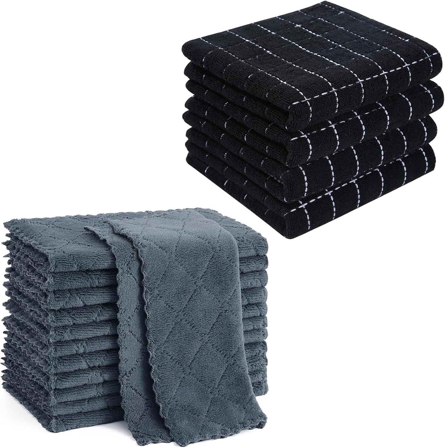 Homaxy Kitchen Towels 16 Pack, 100% Cotton Terry Checkered Black, 13 x 28 inches & 12 Pack Coral Velvet Dish Towels 10 x 10 Inches, Dark Grey - Image 1