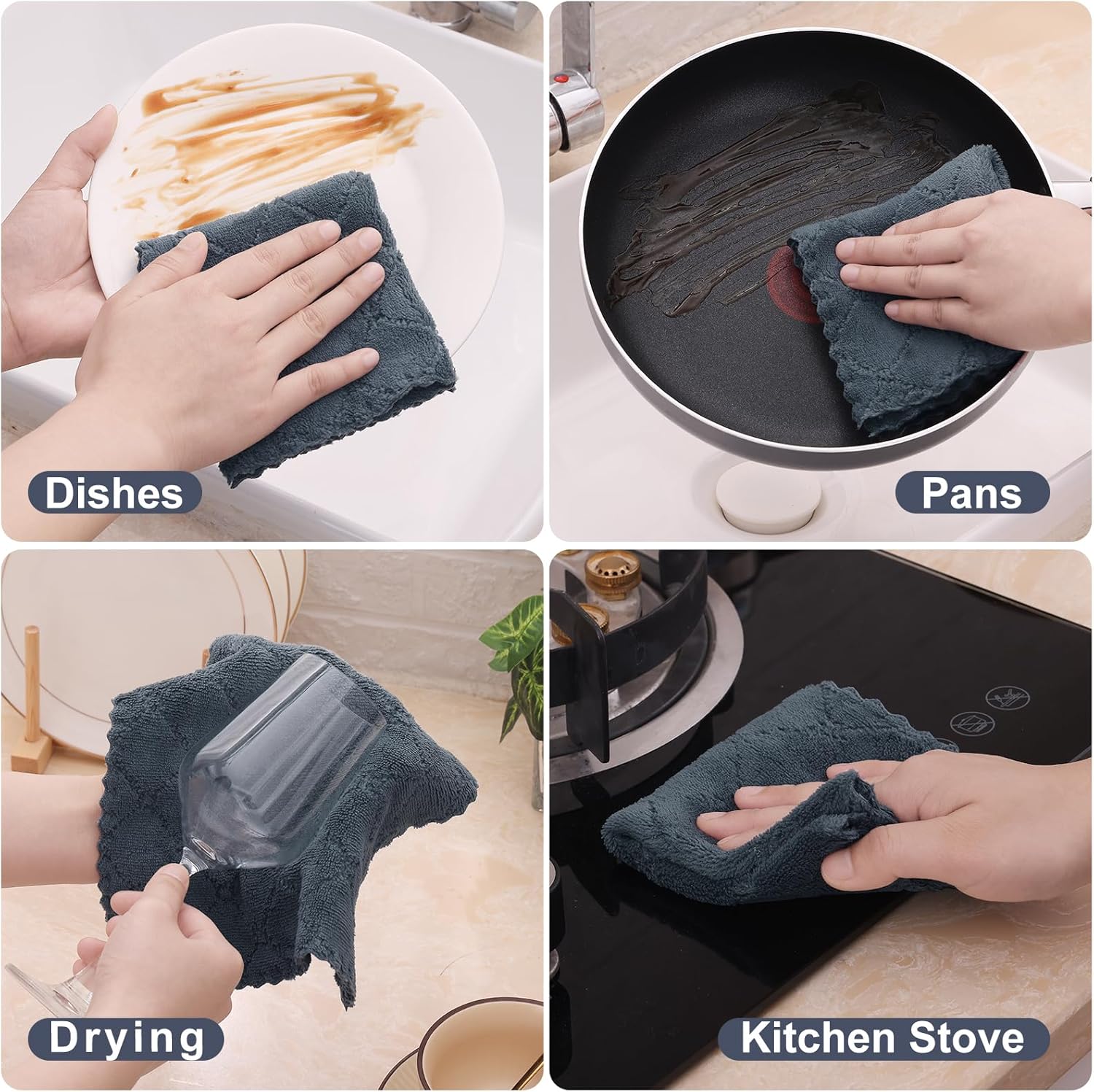 Homaxy Kitchen Towels 16 Pack, 100% Cotton Terry Checkered Black, 13 x 28 inches & 12 Pack Coral Velvet Dish Towels 10 x 10 Inches, Dark Grey - Image 4