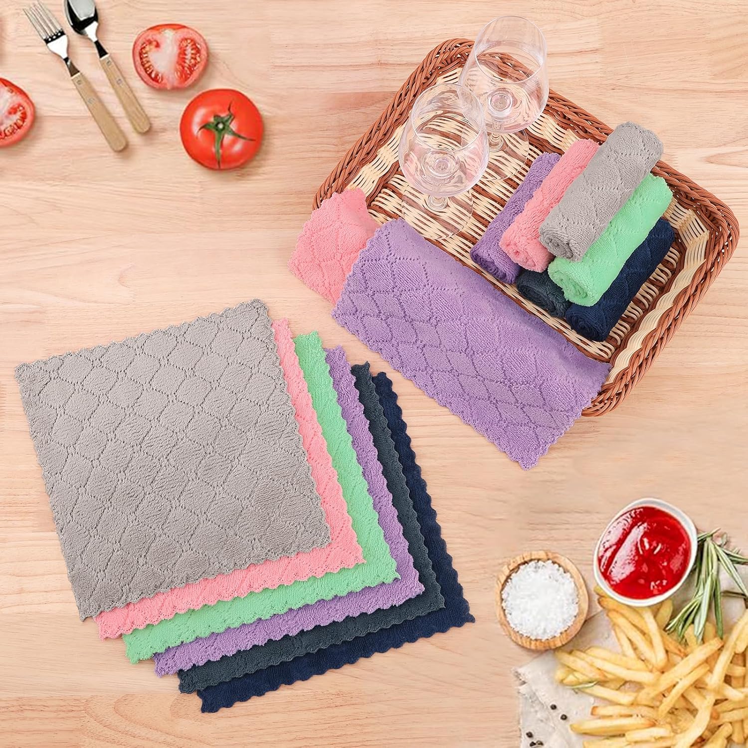 Homaxy Kitchen Towels 16 Pack, 100% Cotton Terry Checkered Black, 13 x 28 inches & 12 Pack Coral Velvet Dish Towels 10 x 10 Inches, Dark Grey - Image 8
