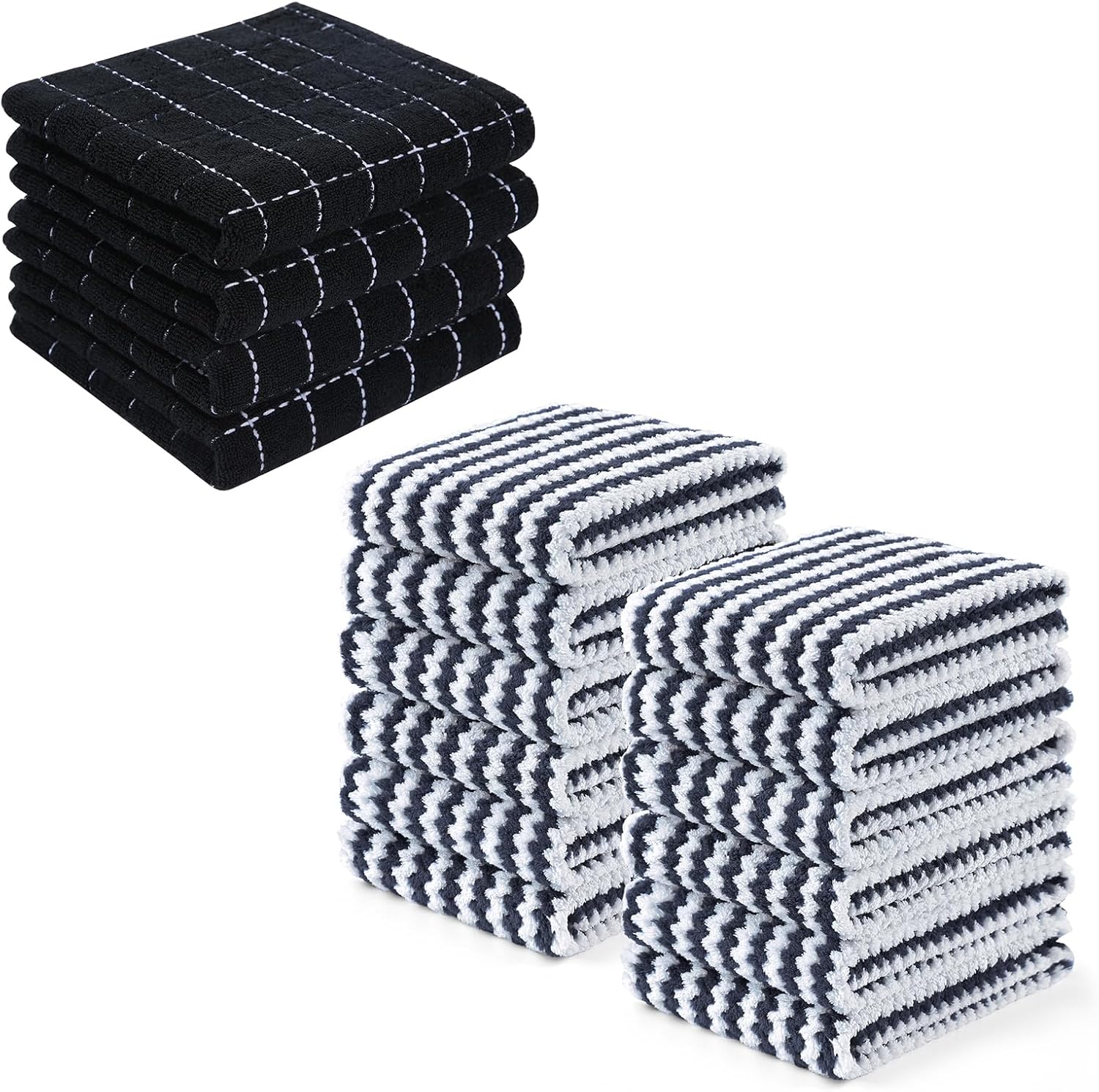 Homaxy 100% Cotton Terry Kitchen Towels(Black, 13 x 28 inches,4 Pack) and Wavy Coral Velvet Kitchen Dish Cloths(Dark Grey, 10 x 20 inches, 12 Pack),Soft and Super Absorbent Dish Towels - Image 1