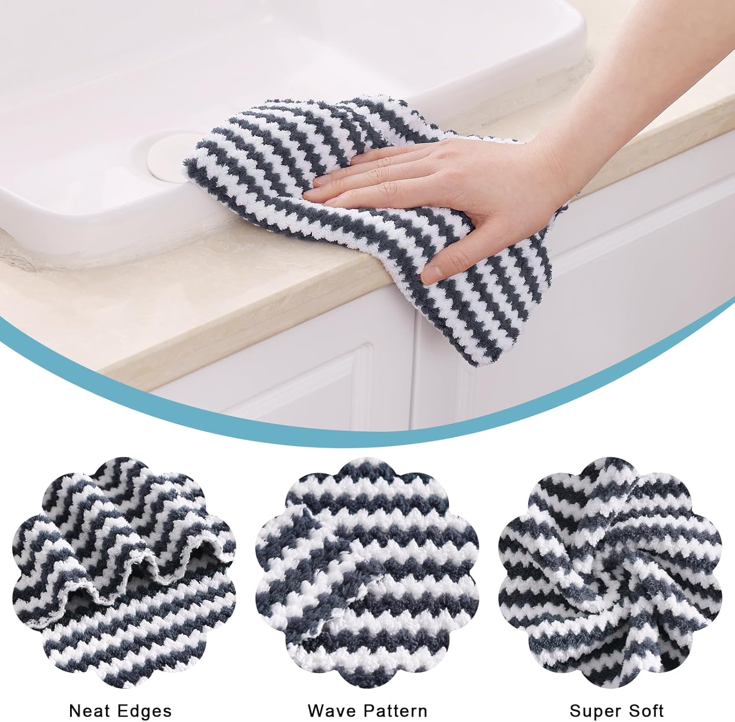 Homaxy 100% Cotton Terry Kitchen Towels(Black, 13 x 28 inches,4 Pack) and Wavy Coral Velvet Kitchen Dish Cloths(Dark Grey, 10 x 20 inches, 12 Pack),Soft and Super Absorbent Dish Towels - Image 5