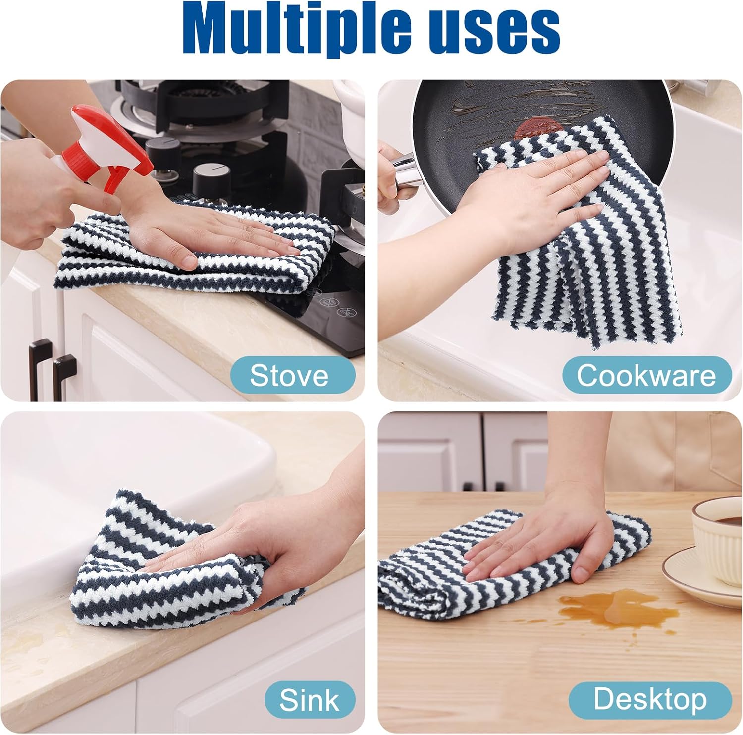 Homaxy 100% Cotton Terry Kitchen Towels(Black, 13 x 28 inches,4 Pack) and Wavy Coral Velvet Kitchen Dish Cloths(Dark Grey, 10 x 20 inches, 12 Pack),Soft and Super Absorbent Dish Towels - Image 6