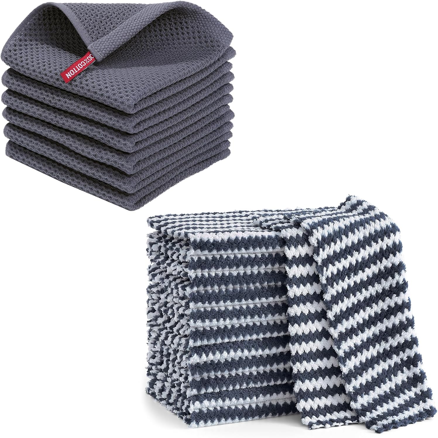 Homaxy 100% Cotton Kitchen Dish Cloths(12x12 Inches, 6 Pack) and Coral Velvet Kitchen Dish Cloths(10 x 10 inch,12 Pack), Reusable Fast Drying Microfiber Cleaning Cloth, Dark Grey - Image 1