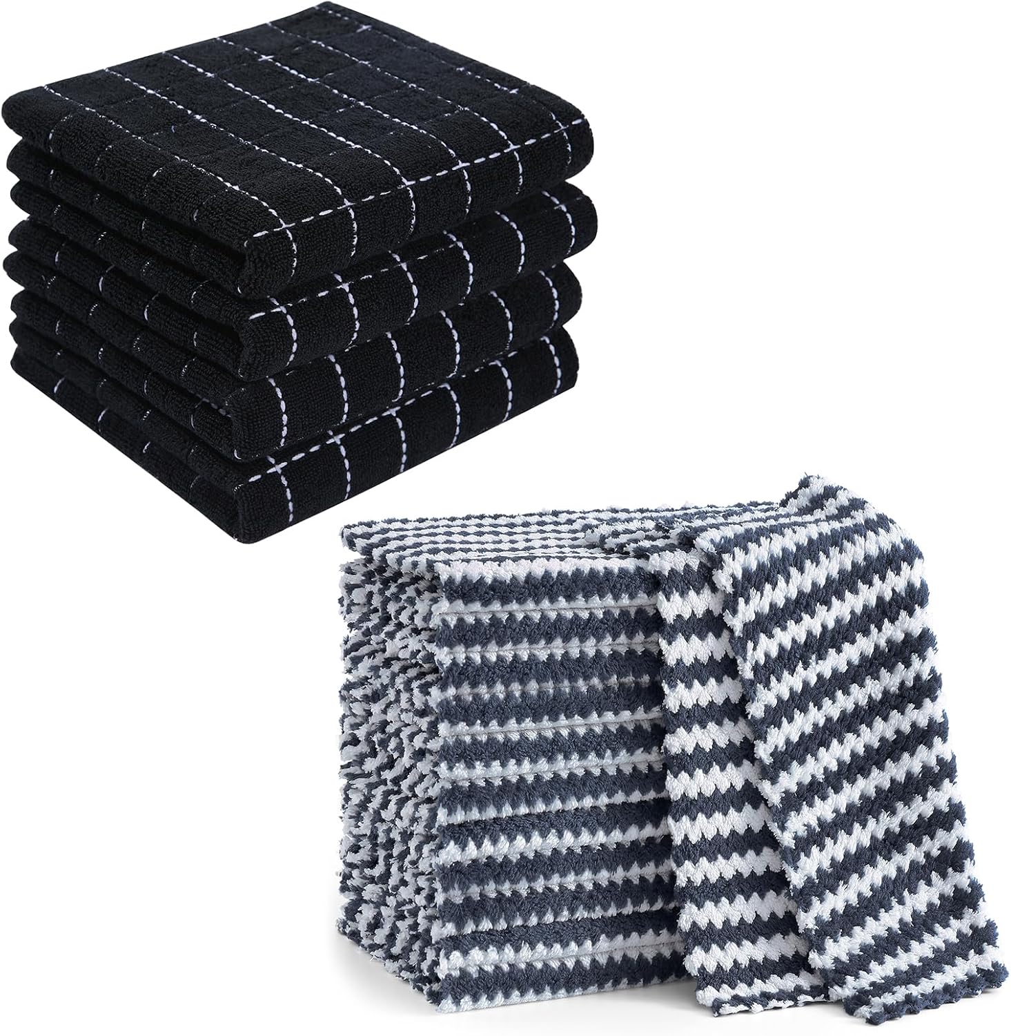 Homaxy 100% Cotton Terry Kitchen Towels(Black, 13 x 28 inches,4 Pack) and Wavy Coral Velvet Kitchen Dish Cloths(Dark Grey, 10 x 10 inches, 12 Pack),Soft and Super Absorbent Dish Towels - Image 1