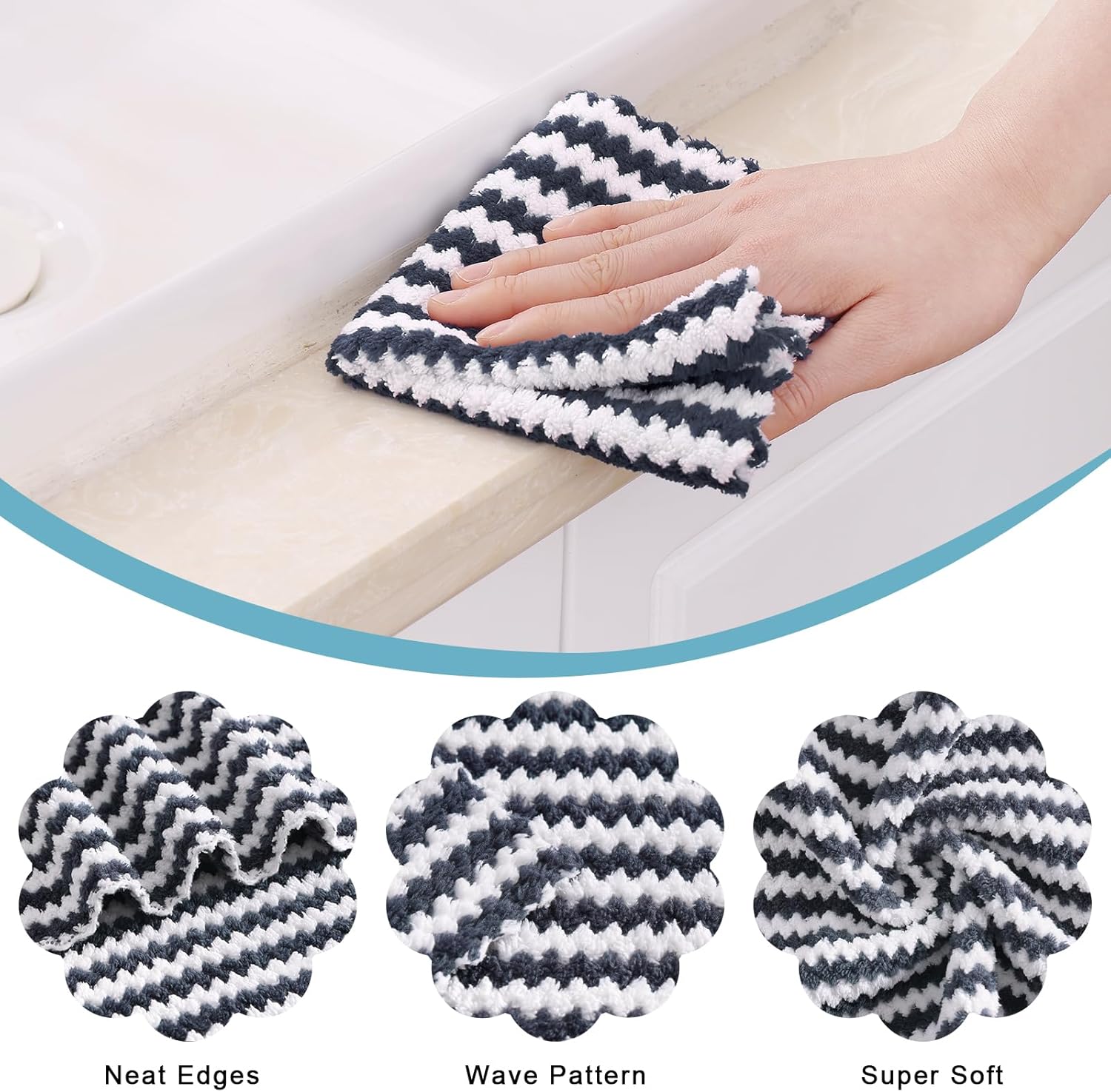 Homaxy 100% Cotton Terry Kitchen Towels(Black, 13 x 28 inches,4 Pack) and Wavy Coral Velvet Kitchen Dish Cloths(Dark Grey, 10 x 10 inches, 12 Pack),Soft and Super Absorbent Dish Towels - Image 5