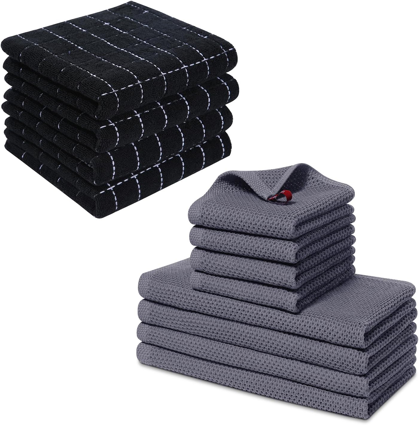 Homaxy 100% Cotton Kitchen Towels and Dishcloths Set(Dark Grey, 8-Pack) and Terry Kitchen Towels(Black, 13 x 28 inches, 4 Pack), Checkered Designed, Ultra Soft Absorbent Dish Towels - Image 1