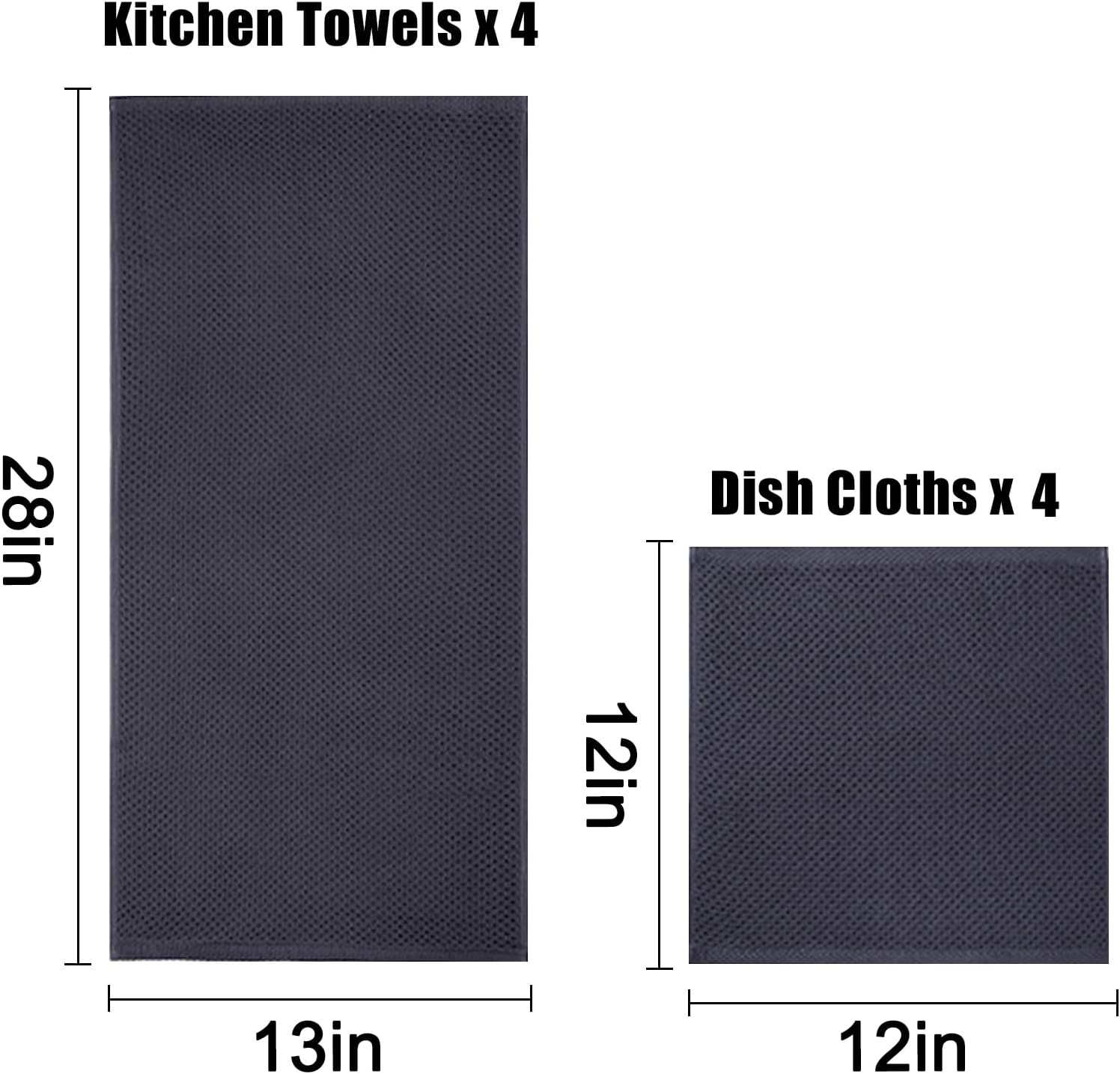 Homaxy 100% Cotton Kitchen Towels and Dishcloths Set(Dark Grey, 8-Pack) and Terry Kitchen Towels(Black, 13 x 28 inches, 4 Pack), Checkered Designed, Ultra Soft Absorbent Dish Towels - Image 4