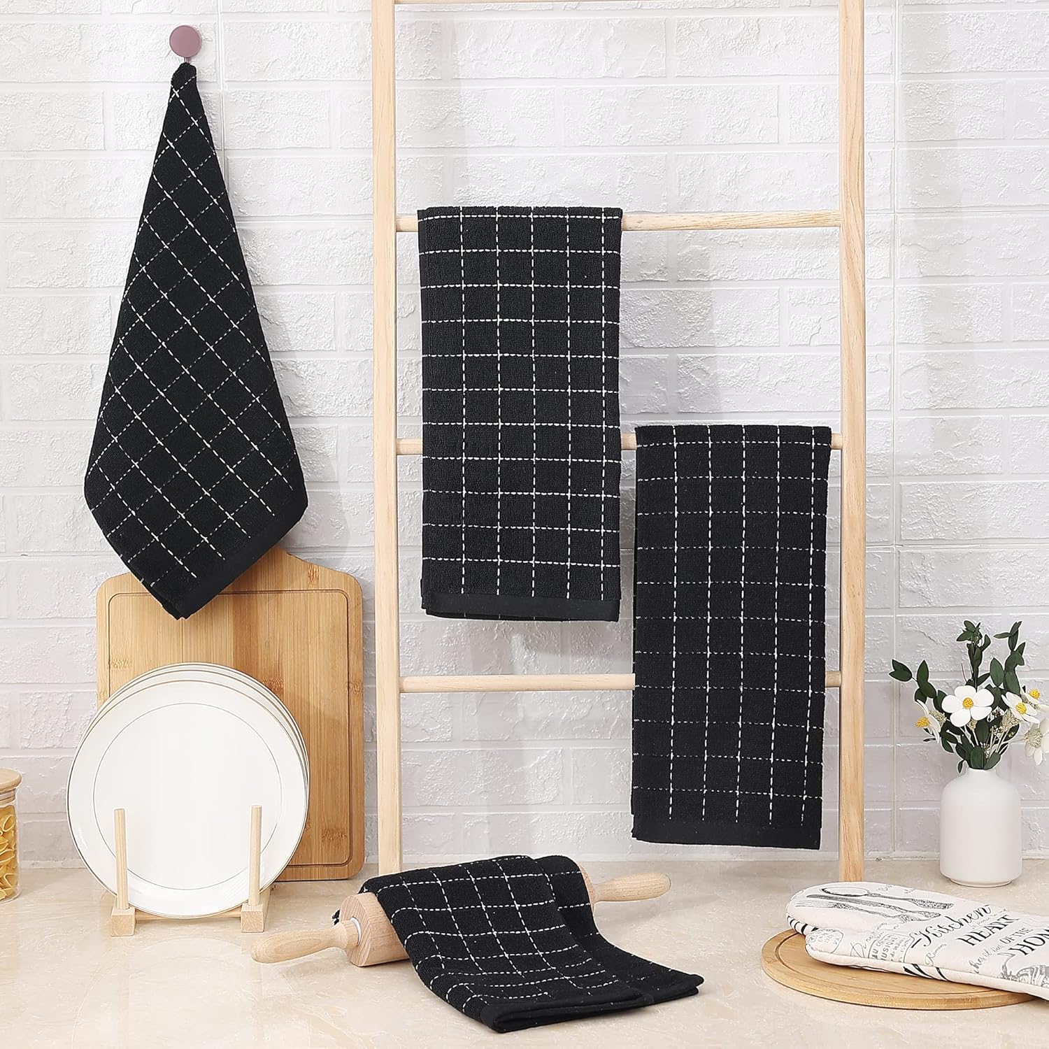 Homaxy 100% Cotton Kitchen Towels and Dishcloths Set(Dark Grey, 8-Pack) and Terry Kitchen Towels(Black, 13 x 28 inches, 4 Pack), Checkered Designed, Ultra Soft Absorbent Dish Towels - Image 6