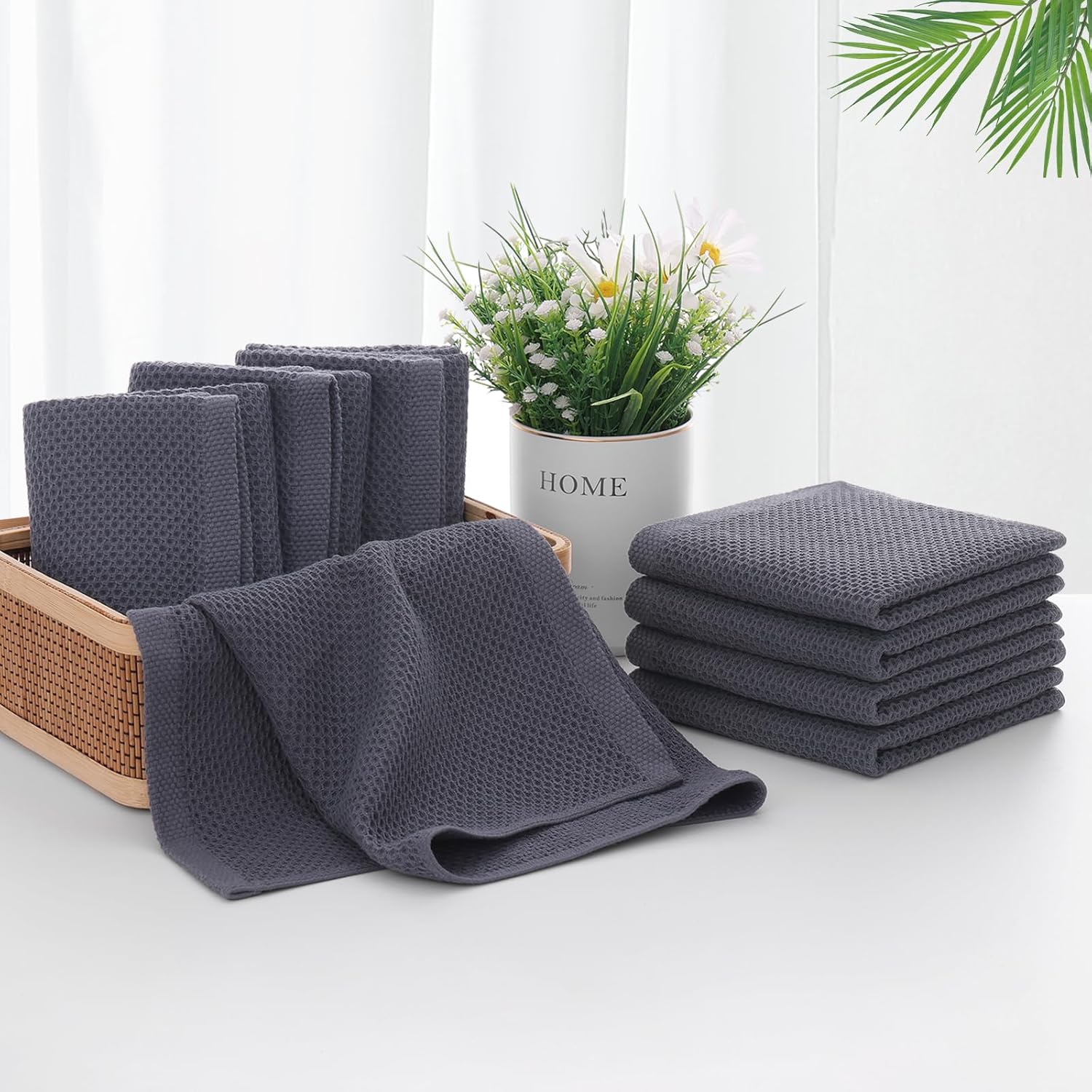 Homaxy 100% Cotton Kitchen Towels and Dishcloths Set(Dark Grey, 8-Pack) and Terry Kitchen Towels(Black, 13 x 28 inches, 4 Pack), Checkered Designed, Ultra Soft Absorbent Dish Towels - Image 7