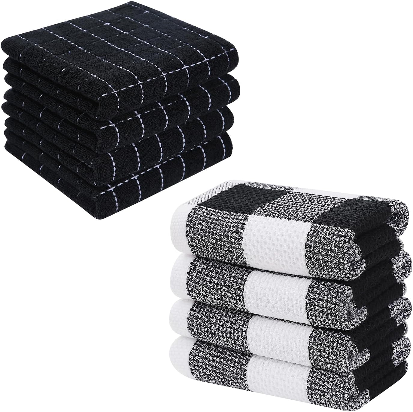 Homaxy 100% Cotton Terry Kitchen Towels and Check Kitchen Towels, 13 x 28 Inches, Set of 8 Super Soft and Absorbent Dish Towels, Black and White & Black - Image 1
