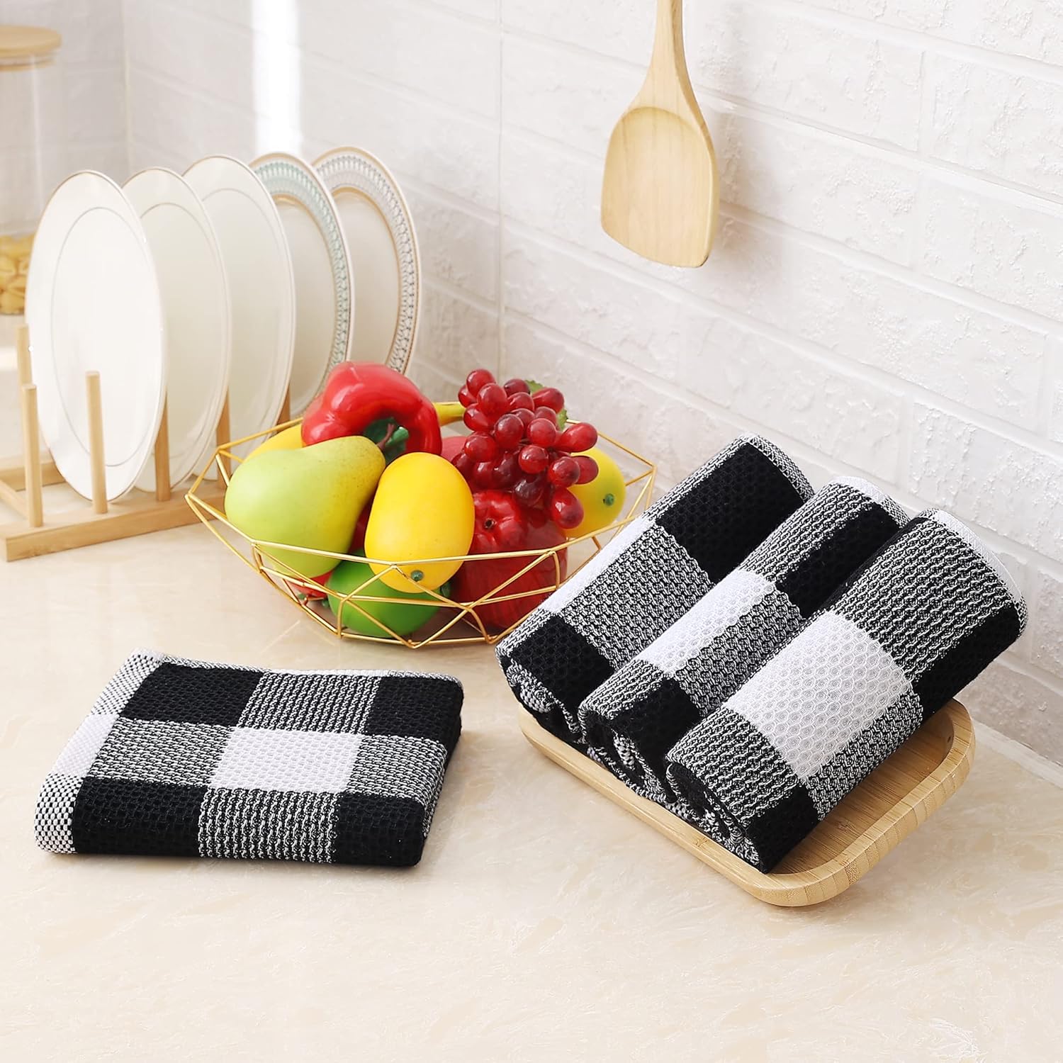 Homaxy 100% Cotton Terry Kitchen Towels and Check Kitchen Towels, 13 x 28 Inches, Set of 8 Super Soft and Absorbent Dish Towels, Black and White & Black - Image 7