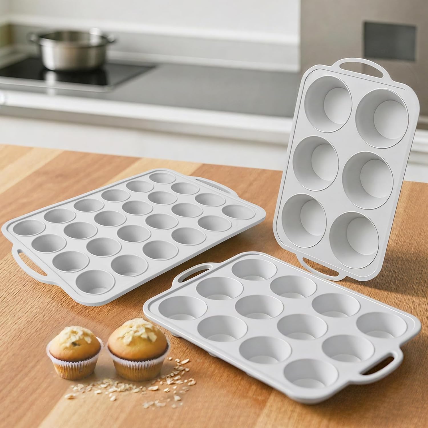 3Pcs Silicone Muffin Pan 6, 12 and 24 Cup with Metal Frame, Non Stick Jumbo Cupcake Pan with Handles, BPA Free Silicon Mini Muffin Tin Regular Tray For Baking,Egg Bites,Mold Light Grey - Image 1