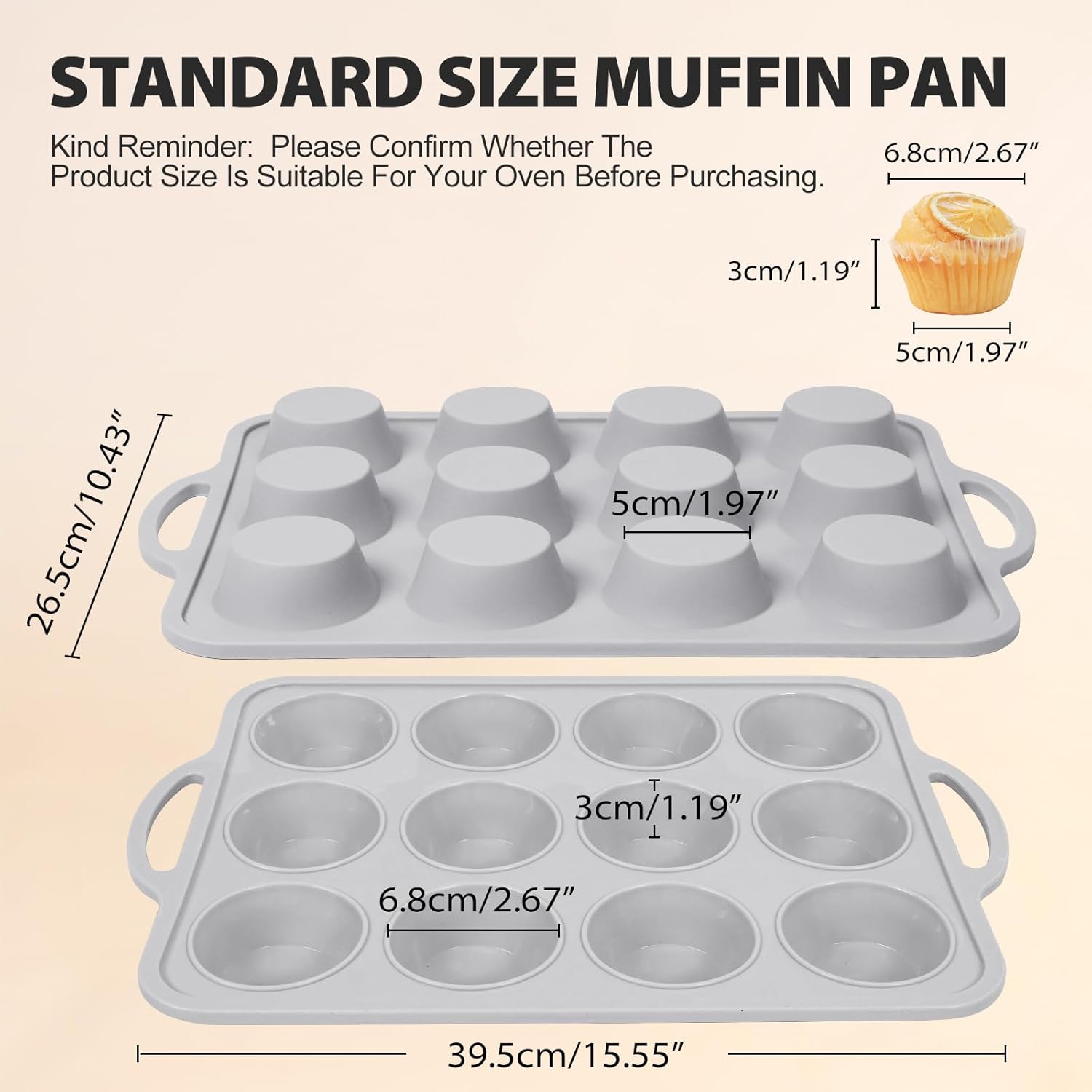 3Pcs Silicone Muffin Pan 6, 12 and 24 Cup with Metal Frame, Non Stick Jumbo Cupcake Pan with Handles, BPA Free Silicon Mini Muffin Tin Regular Tray For Baking,Egg Bites,Mold Light Grey - Image 3