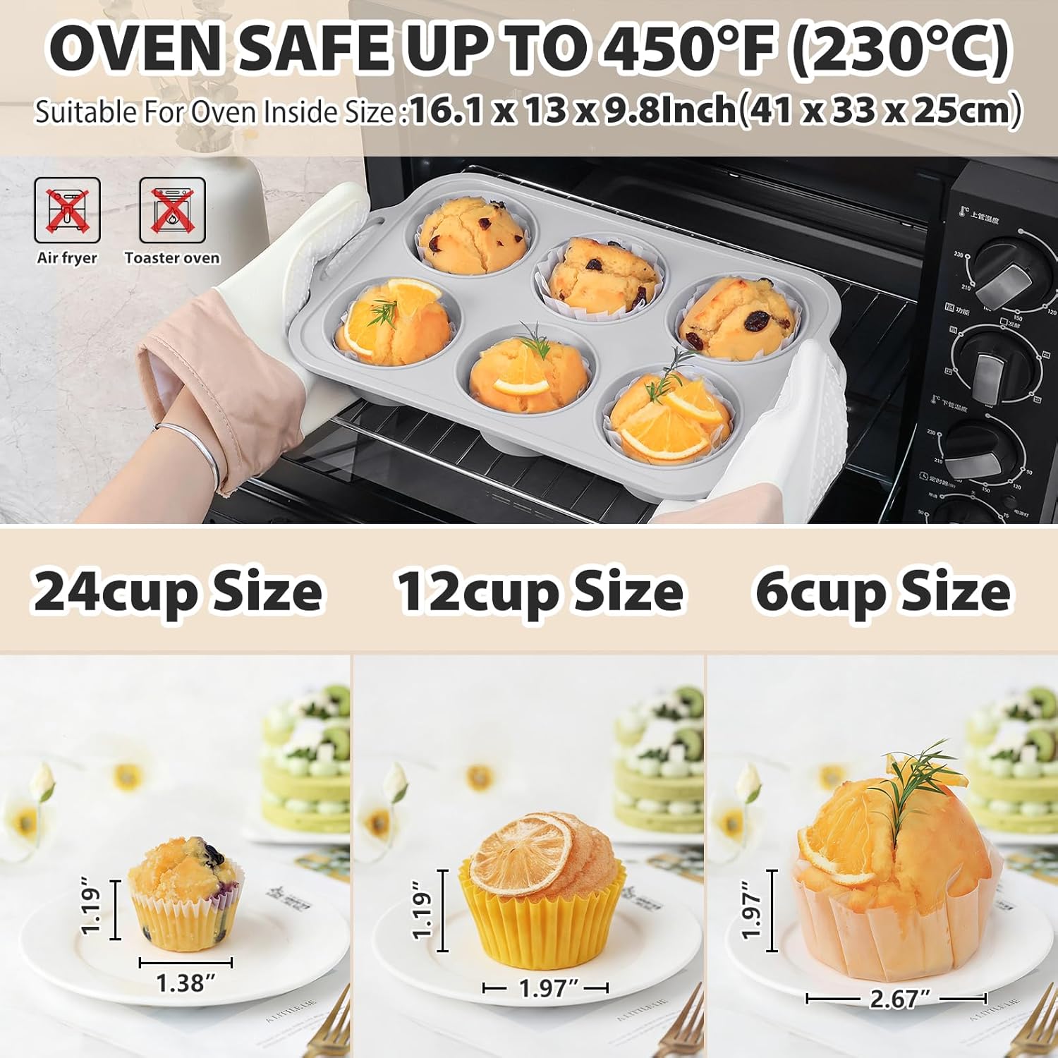 3Pcs Silicone Muffin Pan 6, 12 and 24 Cup with Metal Frame, Non Stick Jumbo Cupcake Pan with Handles, BPA Free Silicon Mini Muffin Tin Regular Tray For Baking,Egg Bites,Mold Light Grey - Image 5