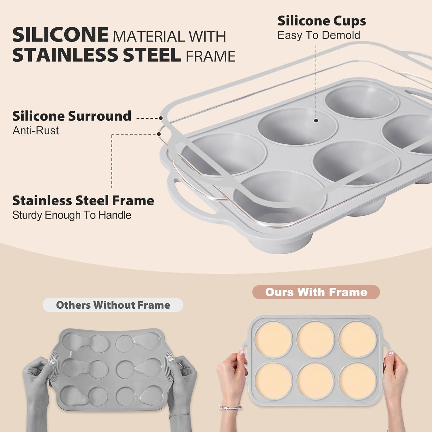 3Pcs Silicone Muffin Pan 6, 12 and 24 Cup with Metal Frame, Non Stick Jumbo Cupcake Pan with Handles, BPA Free Silicon Mini Muffin Tin Regular Tray For Baking,Egg Bites,Mold Light Grey - Image 6
