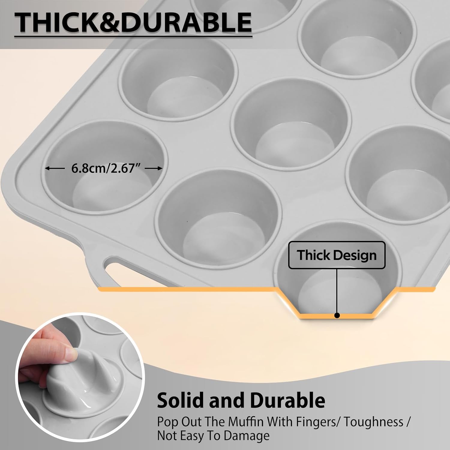 3Pcs Silicone Muffin Pan 6, 12 and 24 Cup with Metal Frame, Non Stick Jumbo Cupcake Pan with Handles, BPA Free Silicon Mini Muffin Tin Regular Tray For Baking,Egg Bites,Mold Light Grey - Image 7