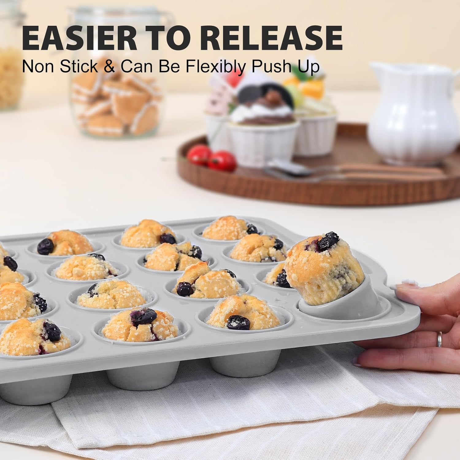 3Pcs Silicone Muffin Pan 6, 12 and 24 Cup with Metal Frame, Non Stick Jumbo Cupcake Pan with Handles, BPA Free Silicon Mini Muffin Tin Regular Tray For Baking,Egg Bites,Mold Light Grey - Image 8