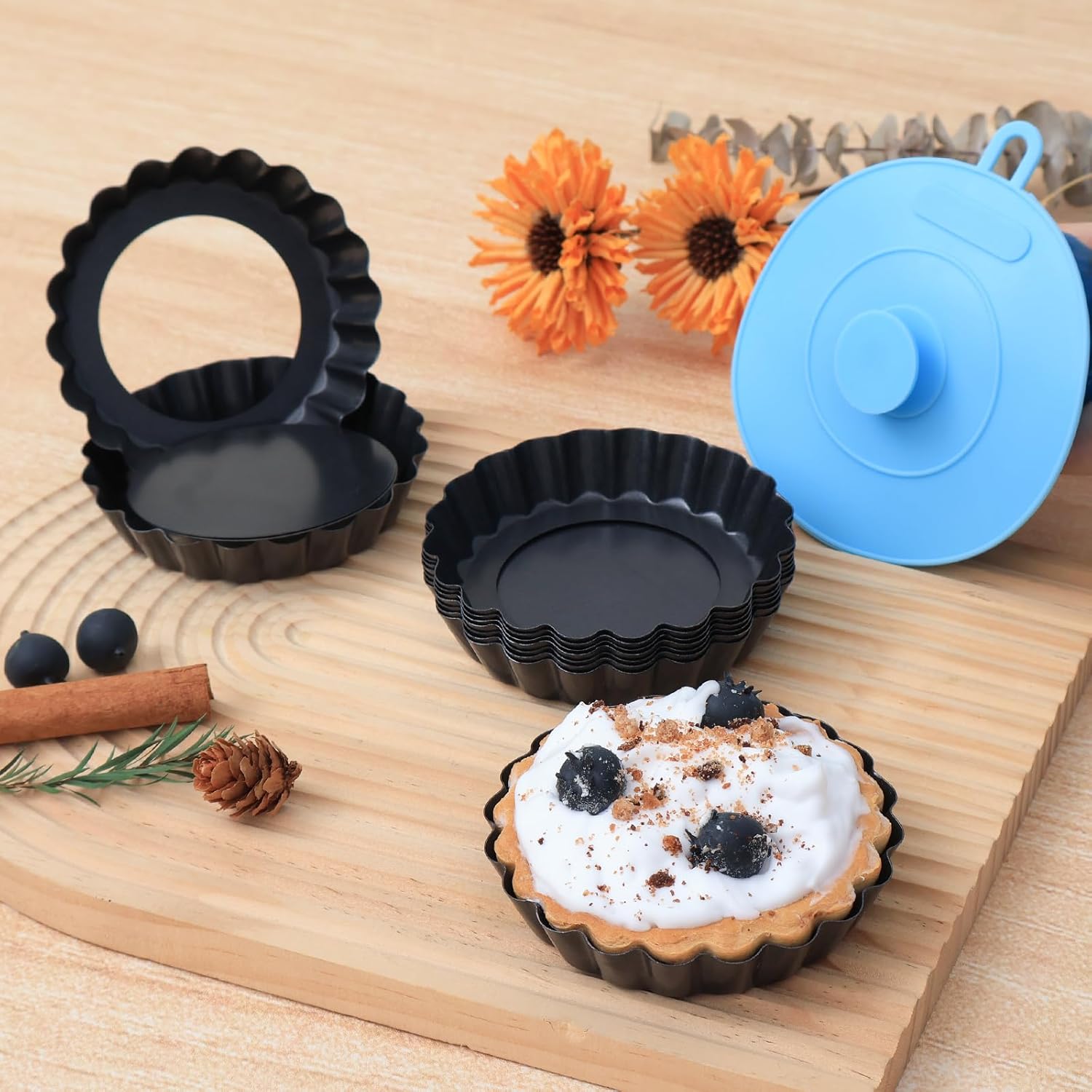 Mini Tart Pans with Removable Bottom 4 inch Set of 10, Non-stick Round Quiche Pan Heavy Duty Carbon Steel for Mousse Cakes, Christmas Dessert Baking with Silicone Scrubber - Image 1