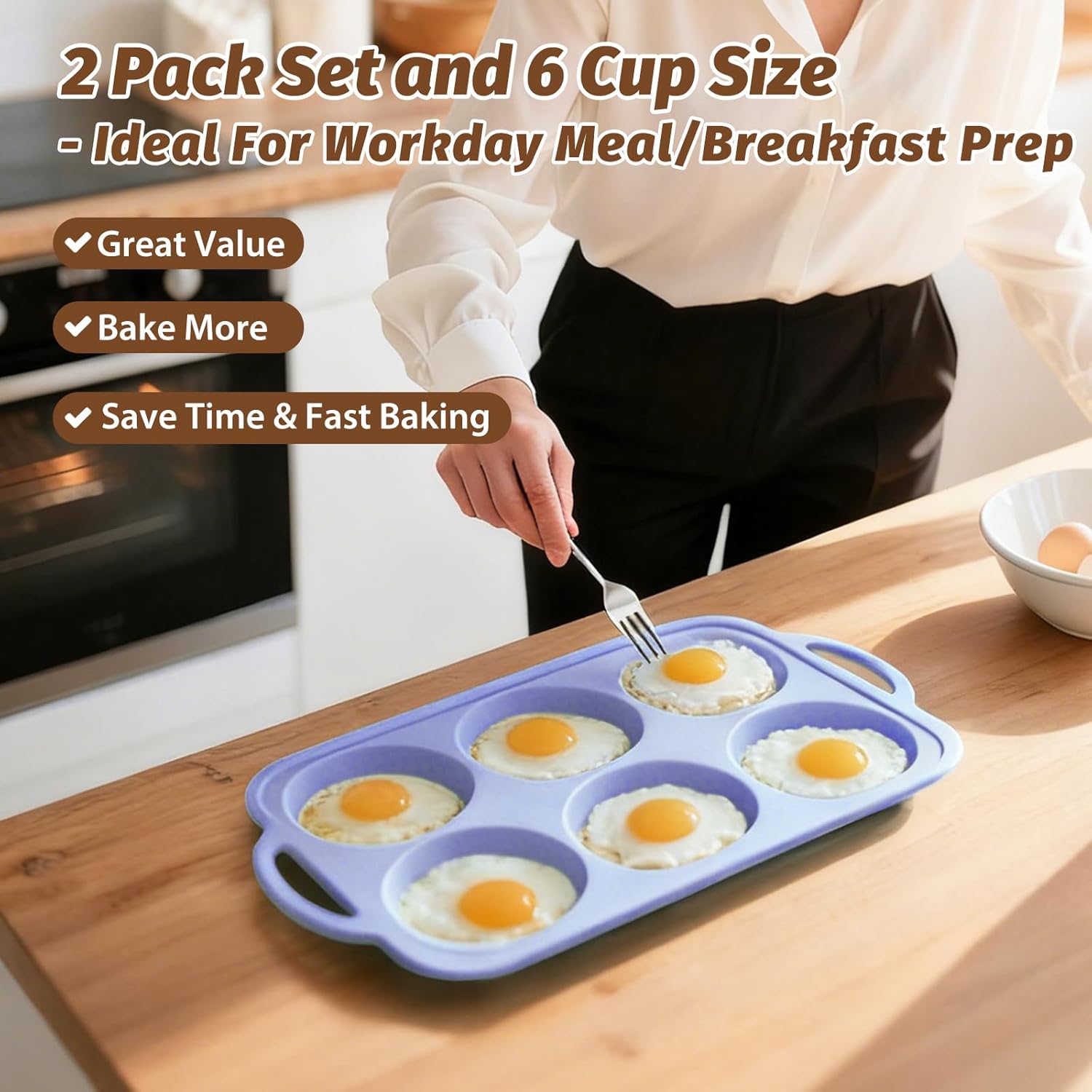Silicone Egg Pan Oven: 2 Packs 4 Inch Silicone Pancake Pan 6 Cup with Handles - Nonstick Egg Griddle Mold for Baking Eggwich Breakfast Sandwiches Burgers - for Family Office-worker Homemade - Image 5
