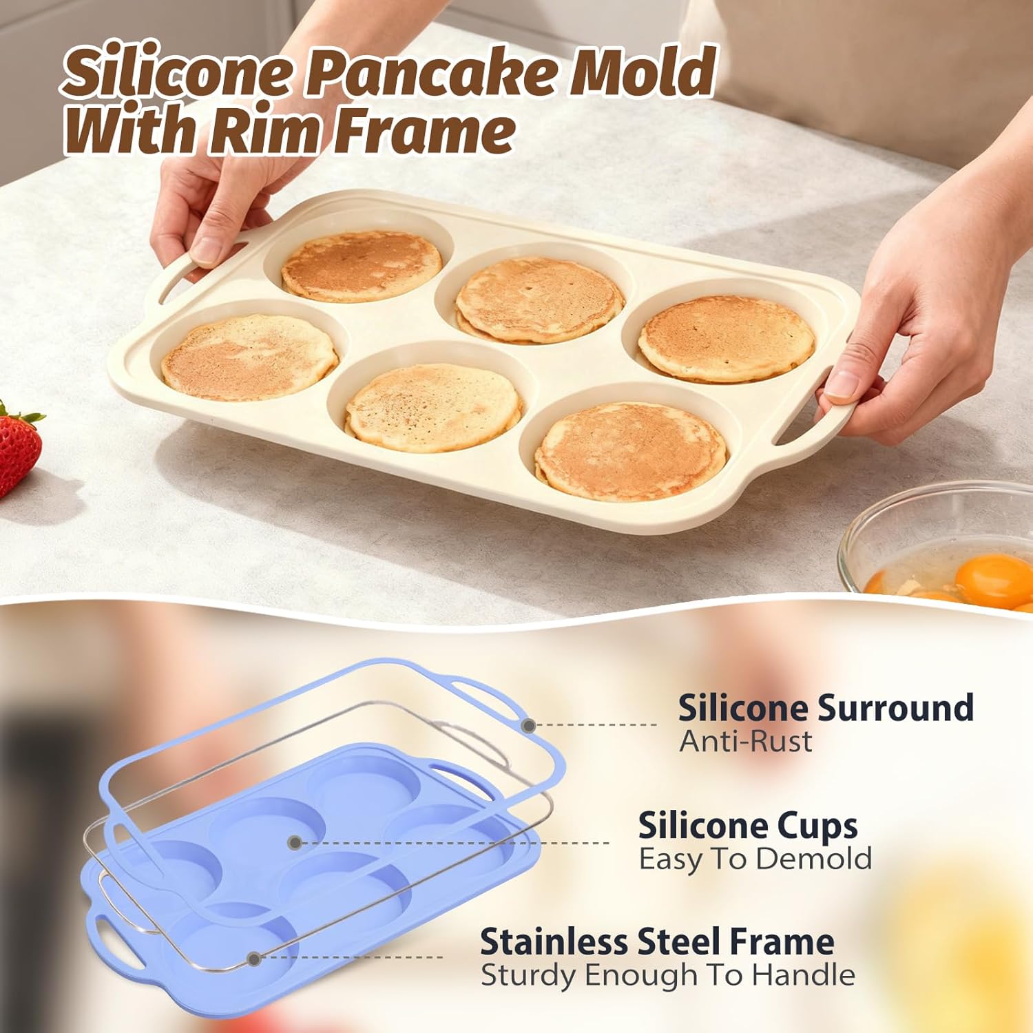 Silicone Egg Pan Oven: 2 Packs 4 Inch Silicone Pancake Pan 6 Cup with Handles - Nonstick Egg Griddle Mold for Baking Eggwich Breakfast Sandwiches Burgers - for Family Office-worker Homemade - Image 8