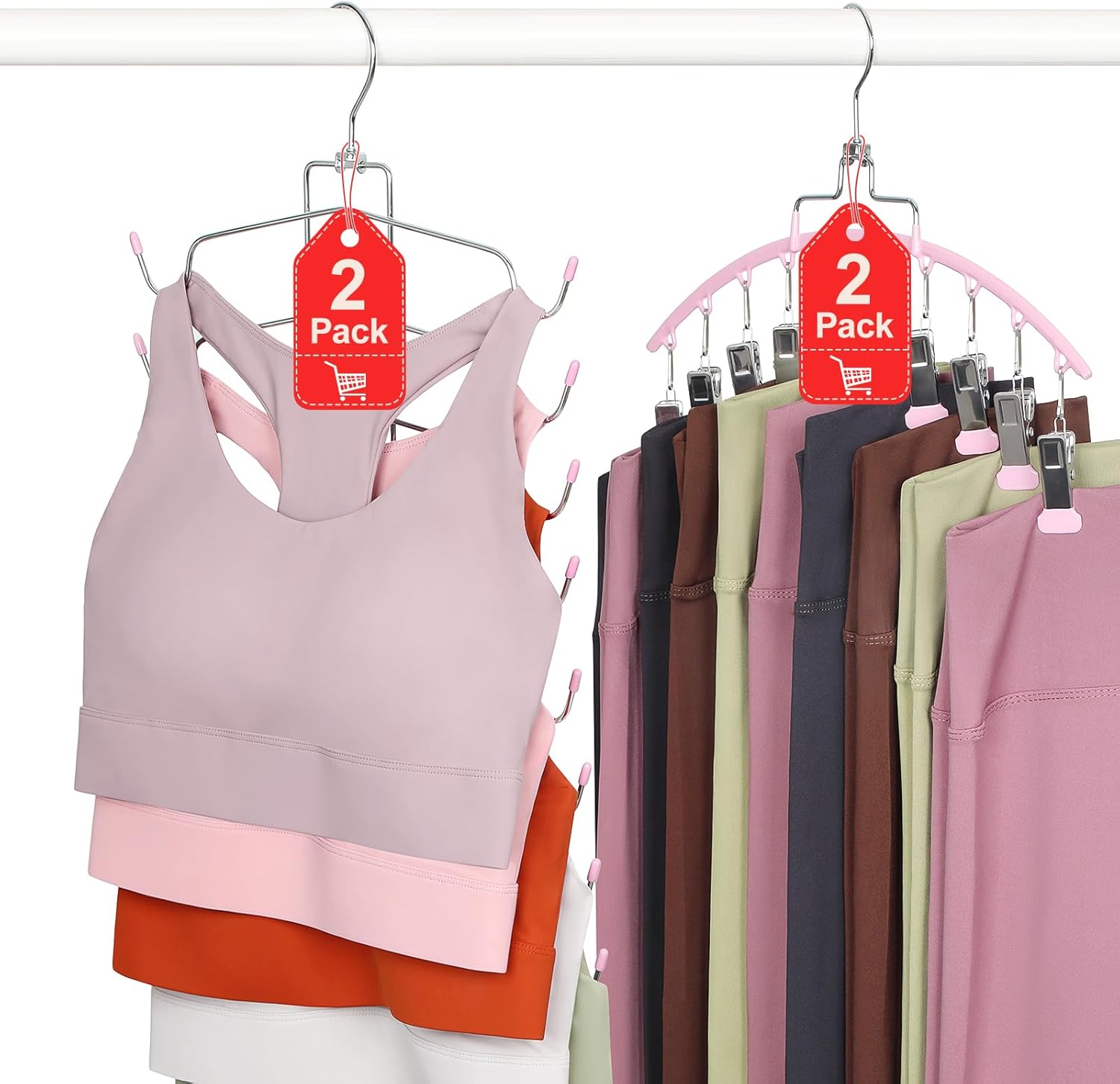 TOPIA HANGER 4 Pack Gym Clothes Organizer, 2 Pack Tank Top Hangers with 2 Pack Leggings Hangers Space Saving Hang 20 Sets Tank Top Bra with Leggings Shorts Pants for Closet Women Pink CT78P - Image 1