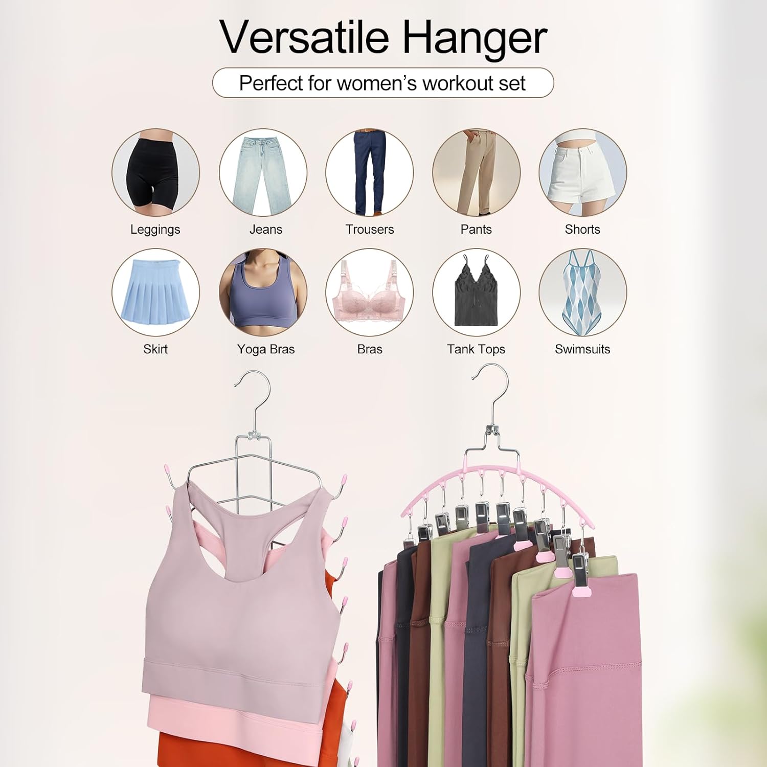 TOPIA HANGER 4 Pack Gym Clothes Organizer, 2 Pack Tank Top Hangers with 2 Pack Leggings Hangers Space Saving Hang 20 Sets Tank Top Bra with Leggings Shorts Pants for Closet Women Pink CT78P - Image 7