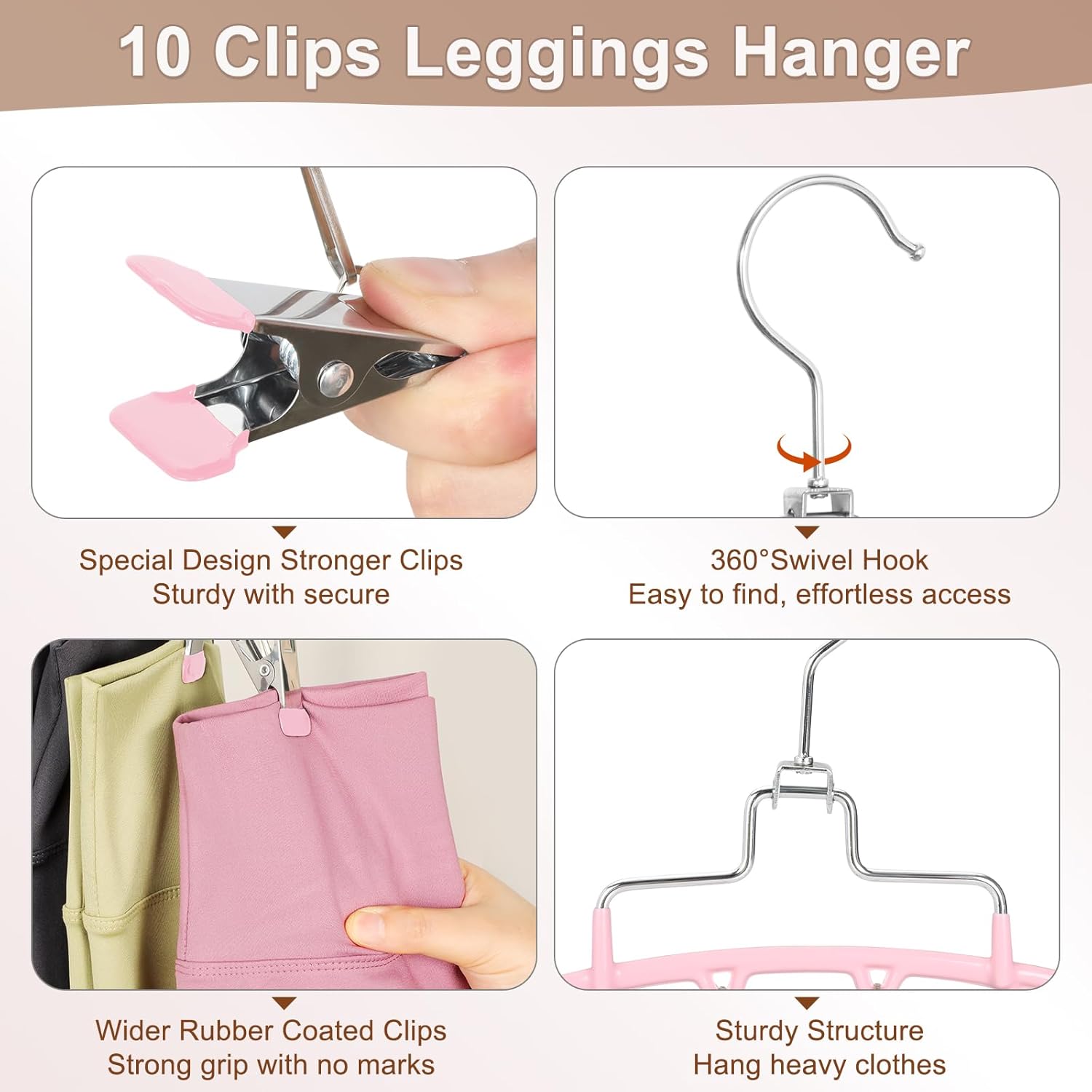 TOPIA HANGER 4 Pack Gym Clothes Organizer, 2 Pack Tank Top Hangers with 2 Pack Leggings Hangers Space Saving Hang 20 Sets Tank Top Bra with Leggings Shorts Pants for Closet Women Pink CT78P - Image 8