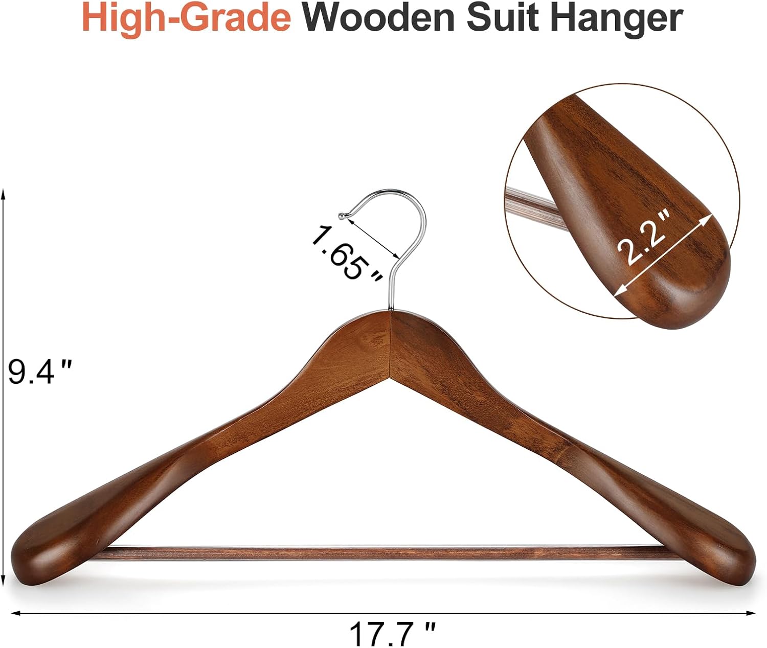 TOPIA HANGER Wide Shoulder Wooden Hangers, Suit Hangers with Non Slip Pants Bar & 360° Swivel Hook, Solid Wood Heavy Duty Coat Hanger, 6 Pack (Walnut)-CT02WA - Image 2