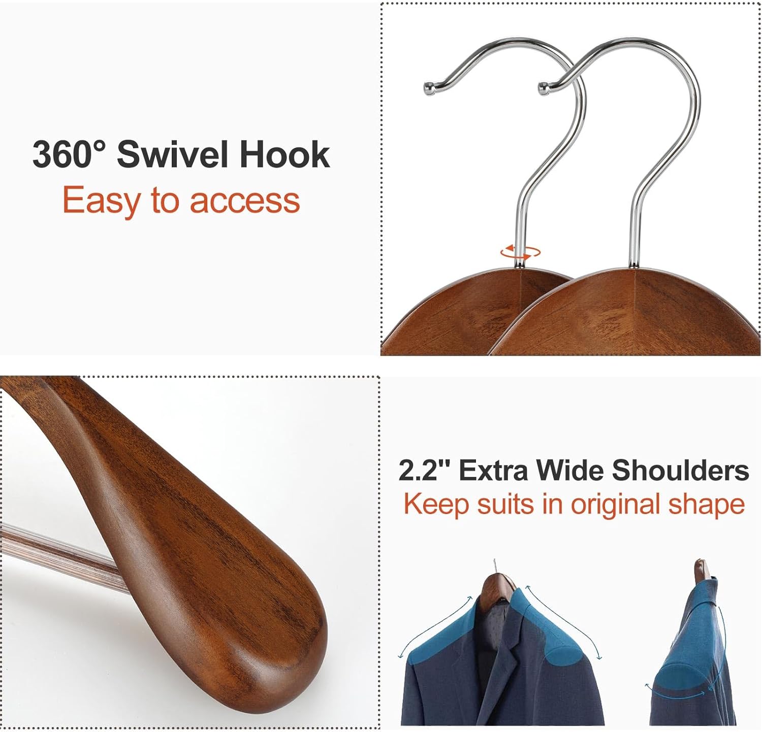 TOPIA HANGER Wide Shoulder Wooden Hangers, Suit Hangers with Non Slip Pants Bar & 360° Swivel Hook, Solid Wood Heavy Duty Coat Hanger, 6 Pack (Walnut)-CT02WA - Image 3