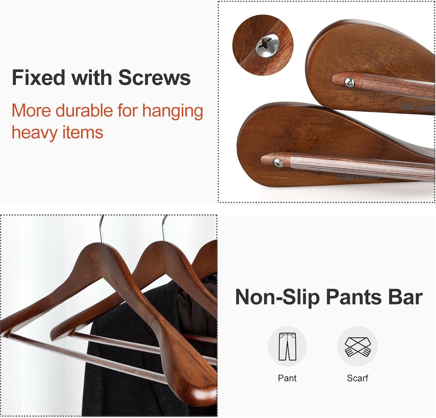 TOPIA HANGER Wide Shoulder Wooden Hangers, Suit Hangers with Non Slip Pants Bar & 360° Swivel Hook, Solid Wood Heavy Duty Coat Hanger, 6 Pack (Walnut)-CT02WA - Image 4