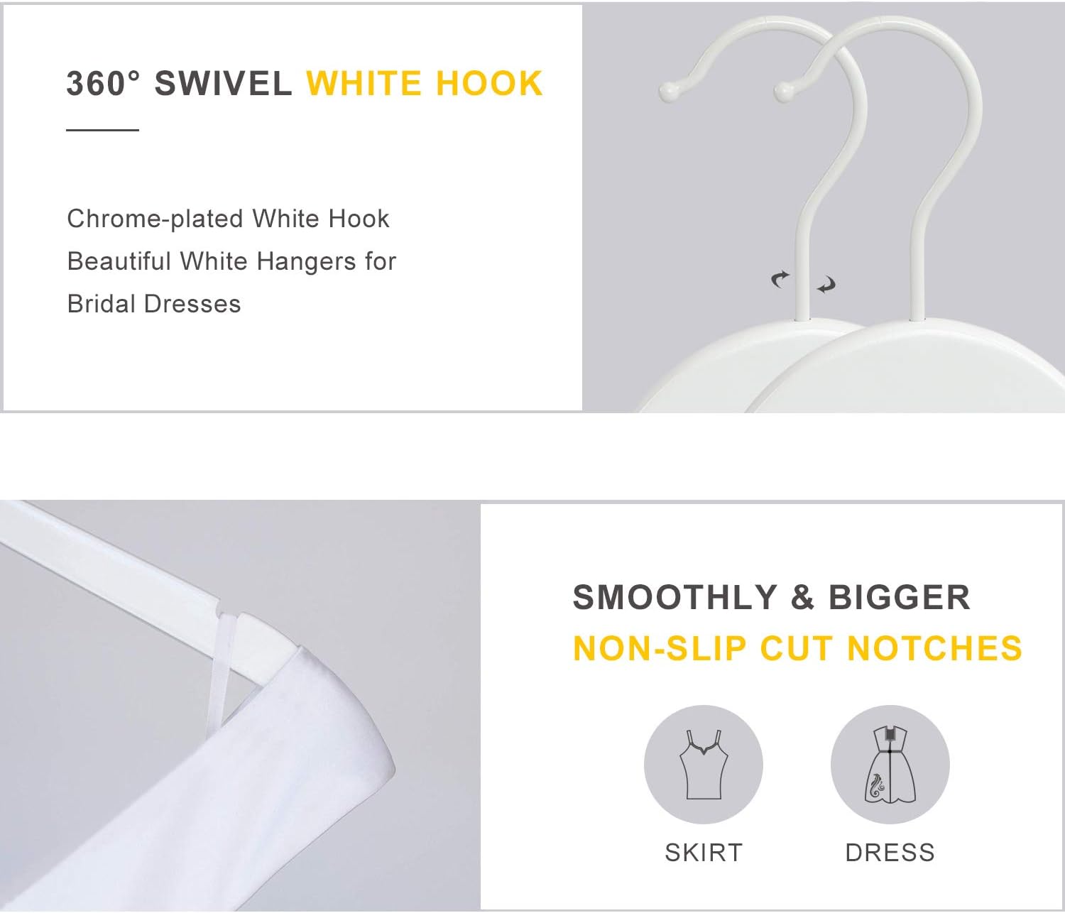 TOPIA HANGER Bride Hanger for Wedding Dress, Premium White Wooden Hangers, 360° Swivel White Hook, Smooth Finish, Extra Smoothly Cut Notches, 10 Pack-CT06W - Image 3