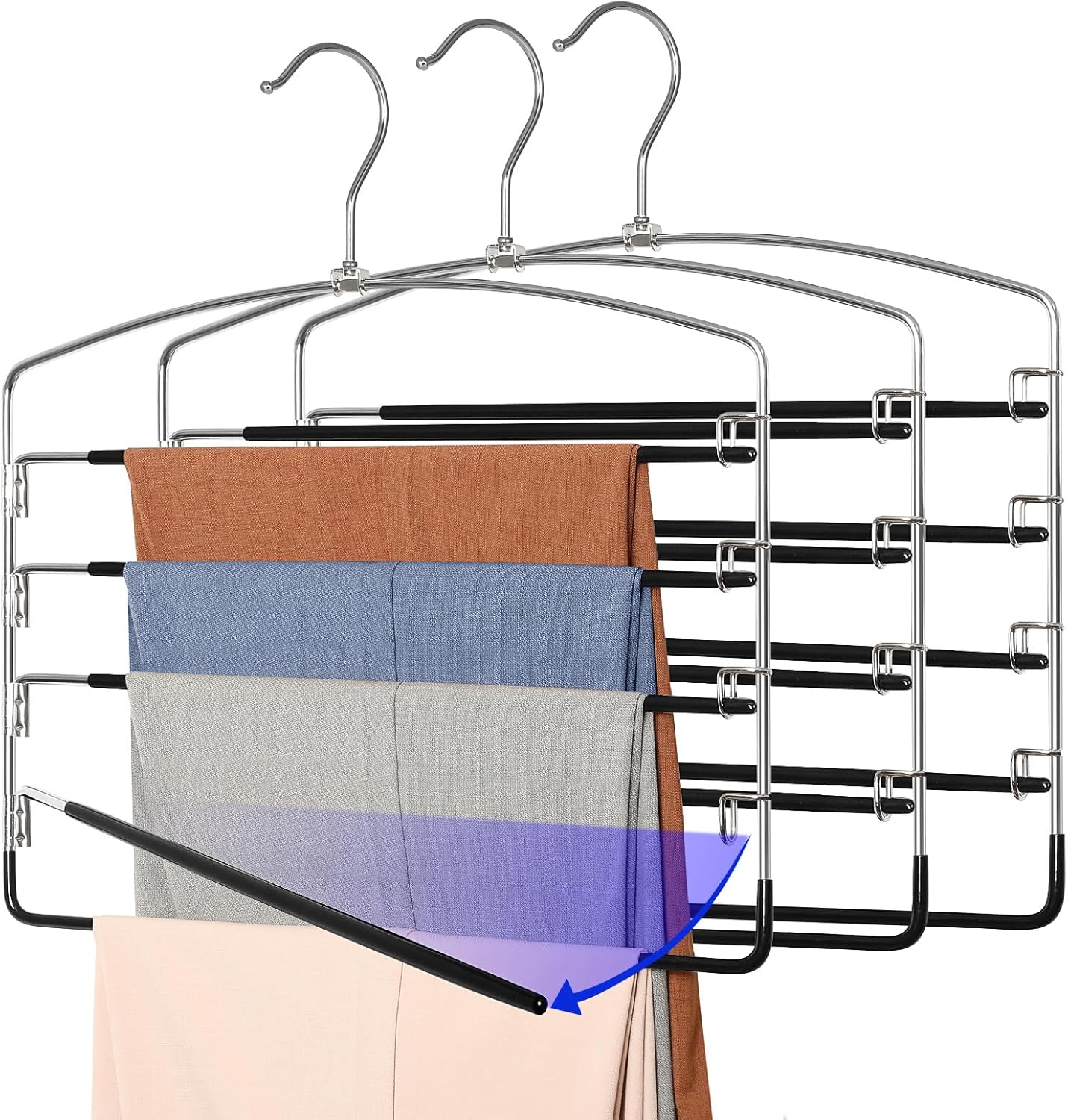 TOPIA HANGER Pant Hangers Space Saving 3 Pack Yoga Pants Leggings Hangers for Closet Non Slip 5 Tier Swing Arm Hanger Organizer for Pants Yoga Pants Leggings Trouser Jeans Slack - CT49B - Image 1