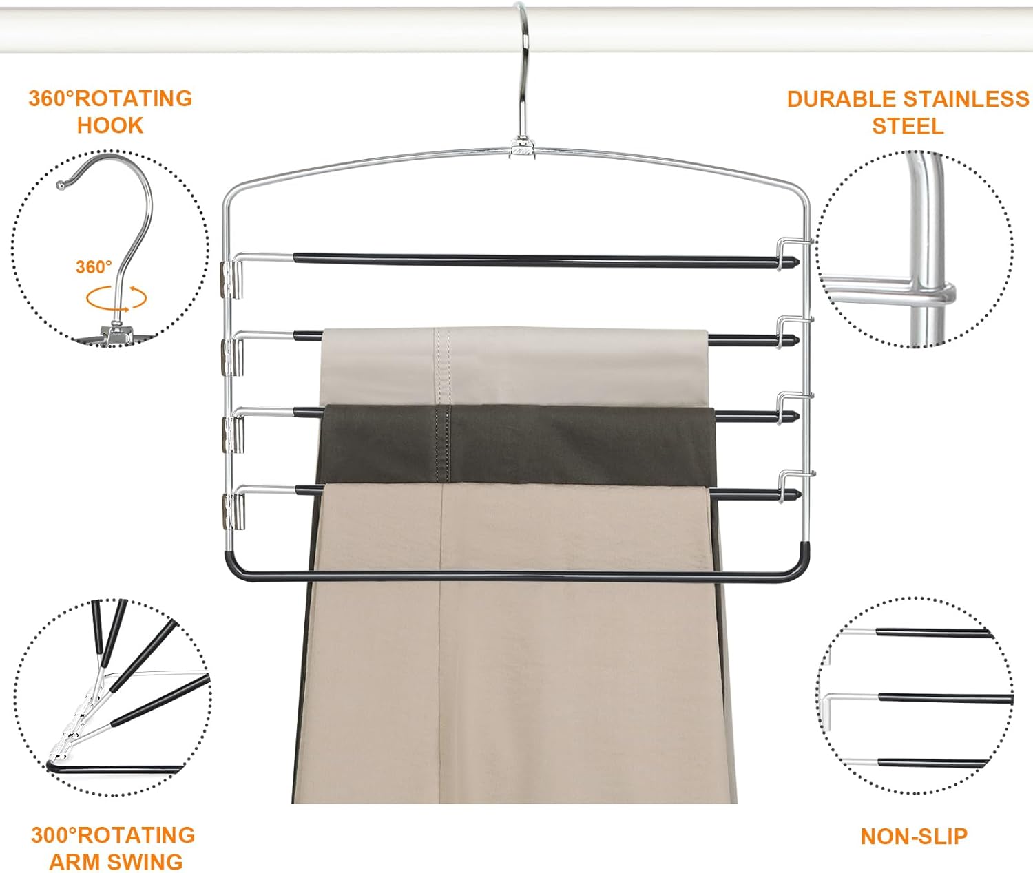 TOPIA HANGER Pant Hangers Space Saving 3 Pack Yoga Pants Leggings Hangers for Closet Non Slip 5 Tier Swing Arm Hanger Organizer for Pants Yoga Pants Leggings Trouser Jeans Slack - CT49B - Image 6