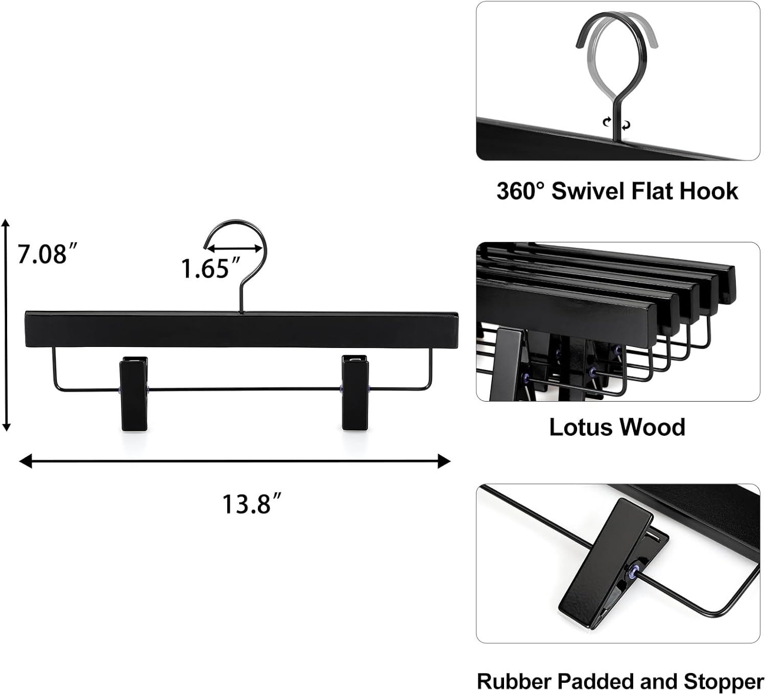 TOPIA HANGER Black Wooden Pants Hangers, Wood Skirt Hangers with Clips, Deluxe Jeans Hanger with 360° Swivel Anti-Rust Flat Hook, Smooth Finish Wood Hangers for Slacks Trousers 20 Pack, CT03B - Image 4