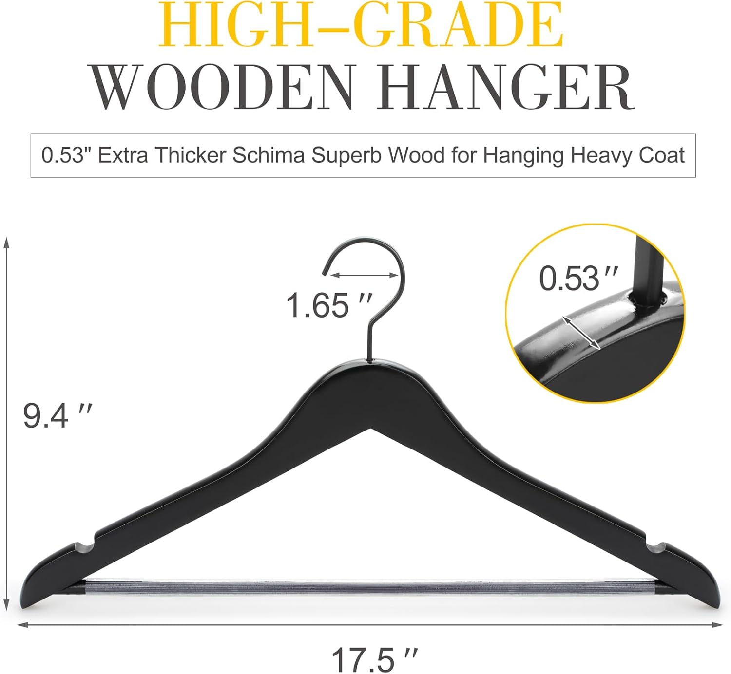 TOPIA HANGER Premium Wooden Hangers, Luxury Boutique Wood Hangers with Extra Thick Hook and Non Slip Pants Bar, Heavy Duty Coat Hanger with Notches 16 Pack, Black -CT01B - Image 2